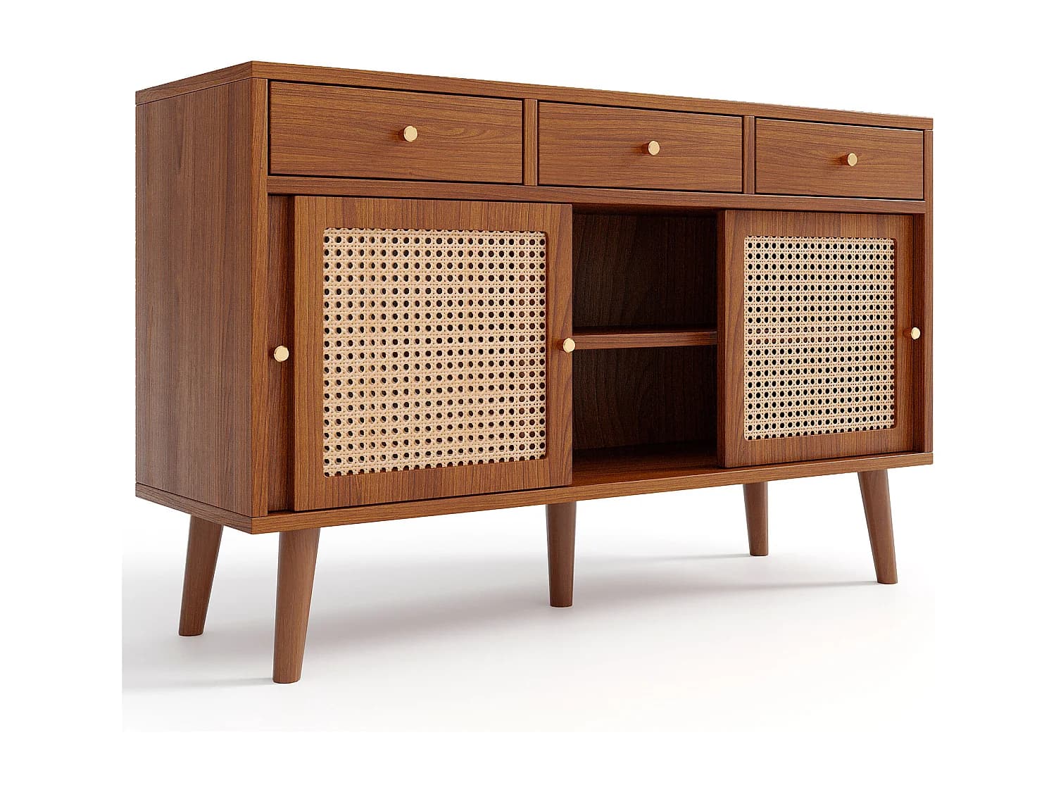 Buffet 120x40x78 cm, 3 tiroirs, 3 portes coulissantes, étagères réglables, MDF, noyer