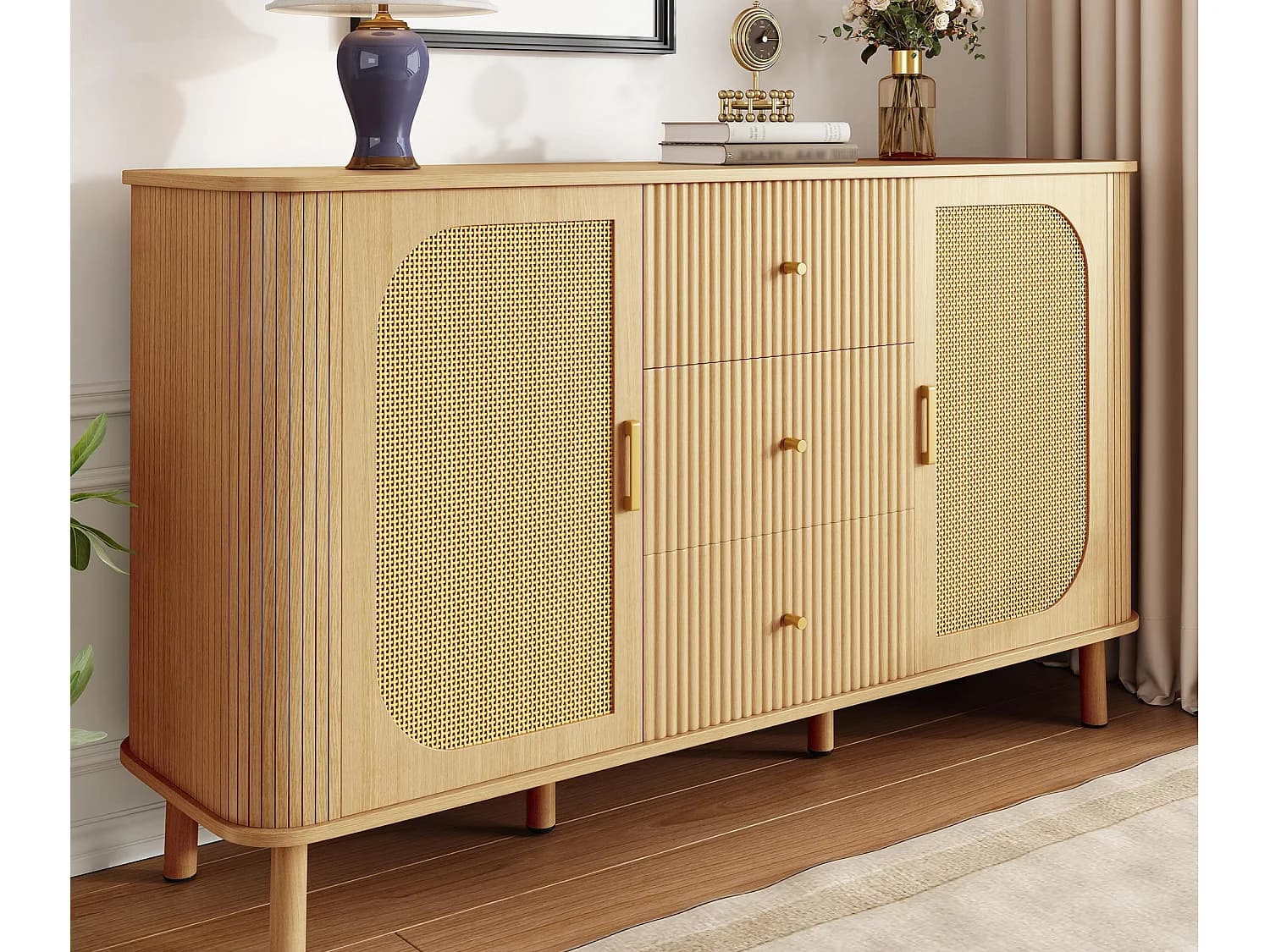 Buffet moderne 140x40x80 cm - avec 3 tiroirs et 2 portes - pieds en métal - naturel