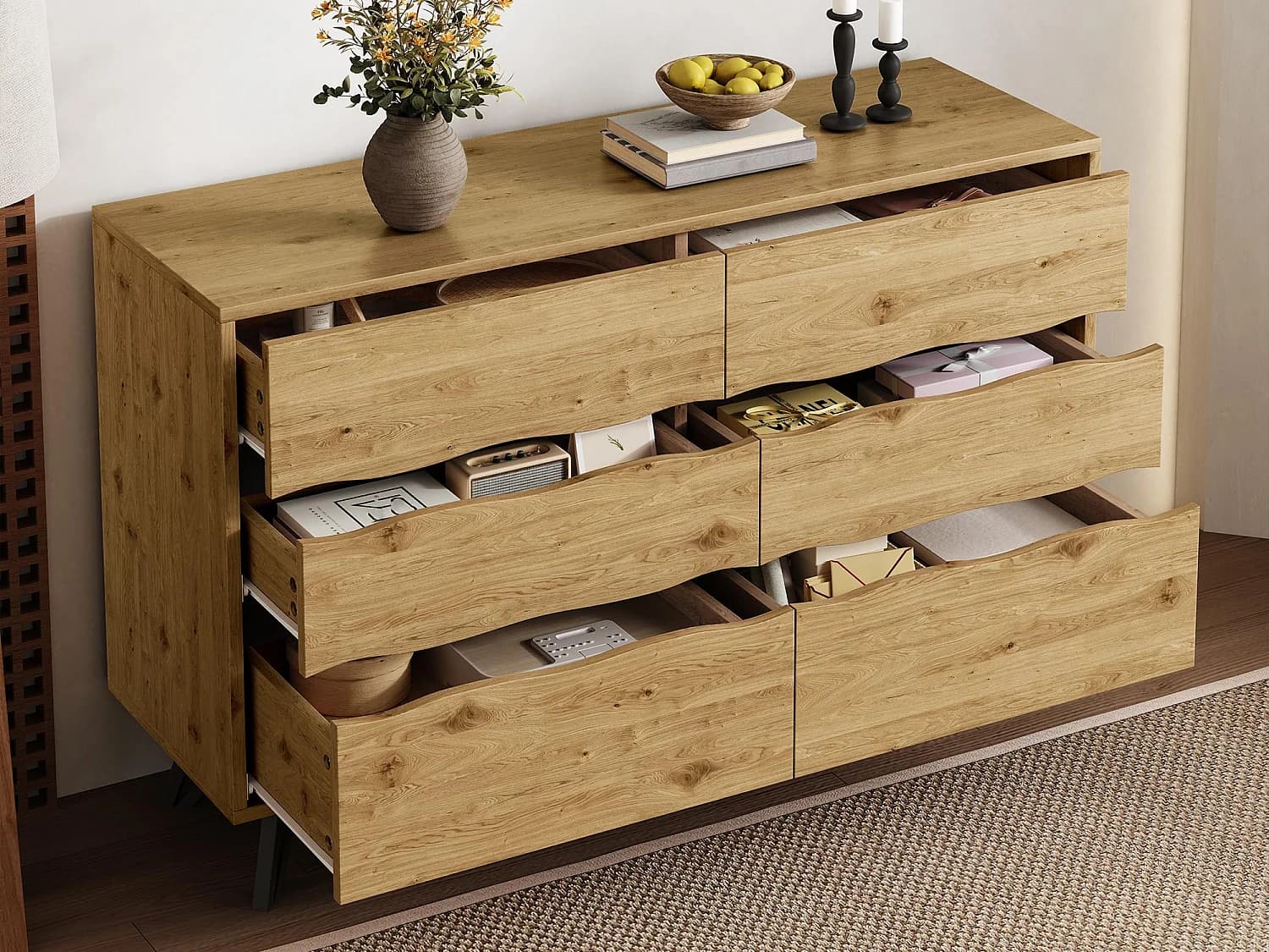 Buffet moderne 120x40x75.5 cm - avec 6 tiroirs - aspect bois - pieds en métal - naturel