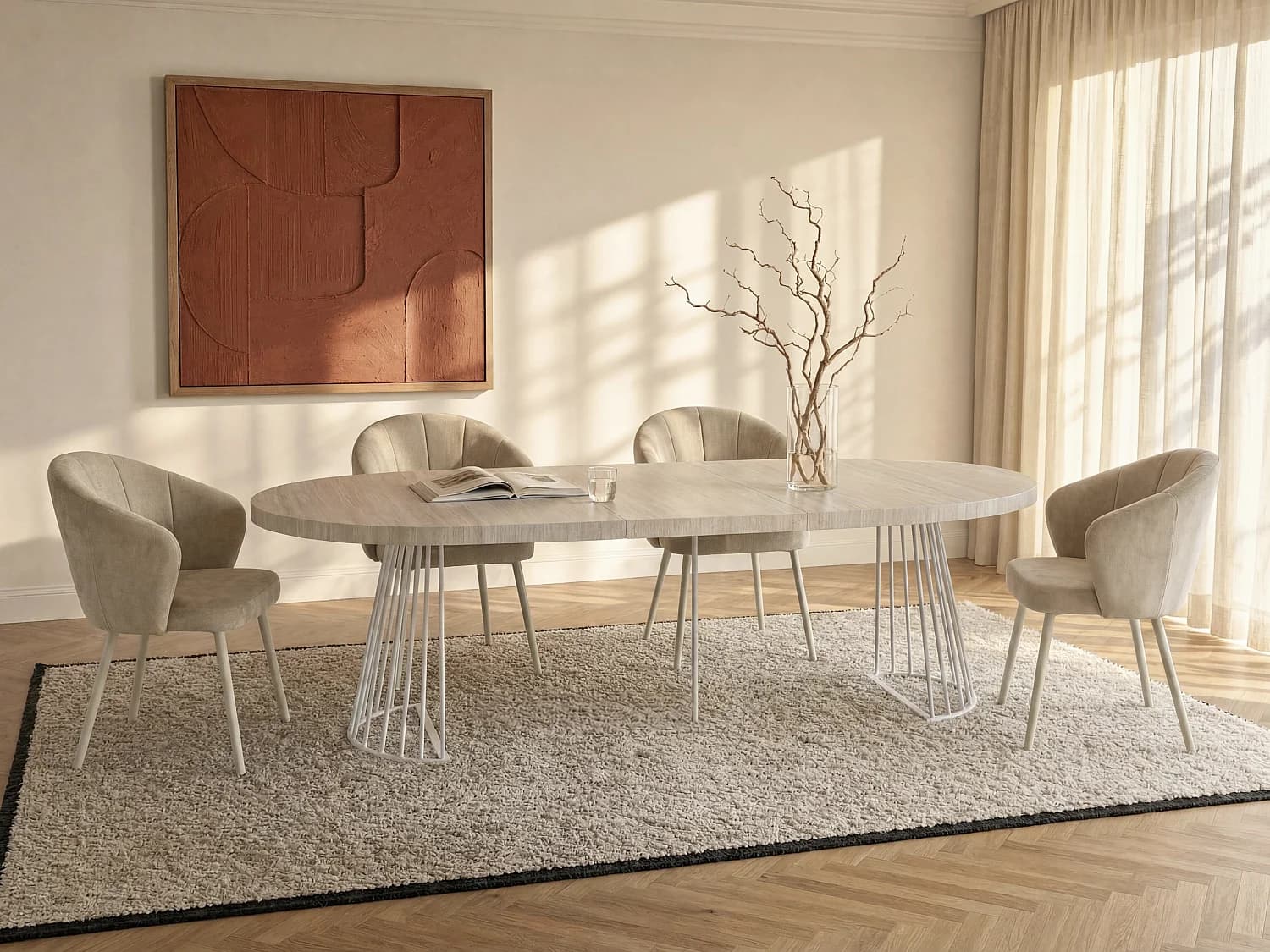 Table à manger extensible 2 à 12 personnes en MDF et acier - Effet travertin beige et blanc - FIRELA