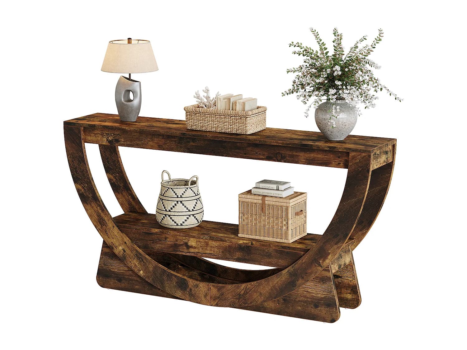 Table Console 160 cm, Industrielle Table d'entrée à Deux Fermier avec étagères de Rangement
