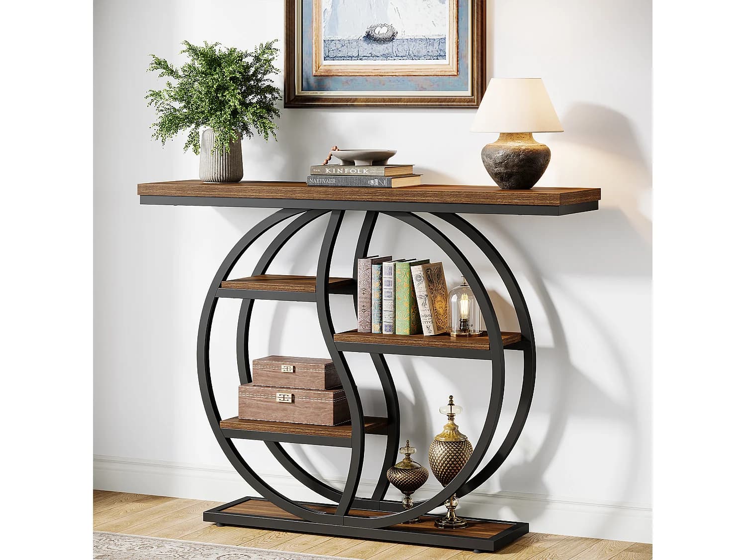 Table console industrielle à 4 étages, 120 x 30 cm, avec base circulaire