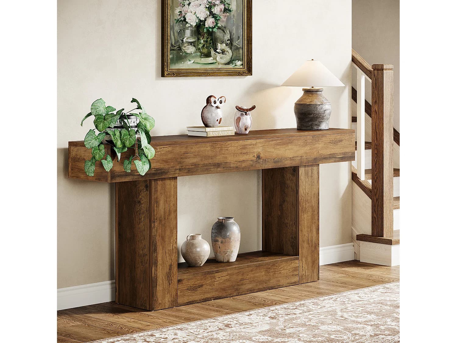 Table console de 160 cm de long, table d'entrée à 2 étages, table basse avec espace de rangement