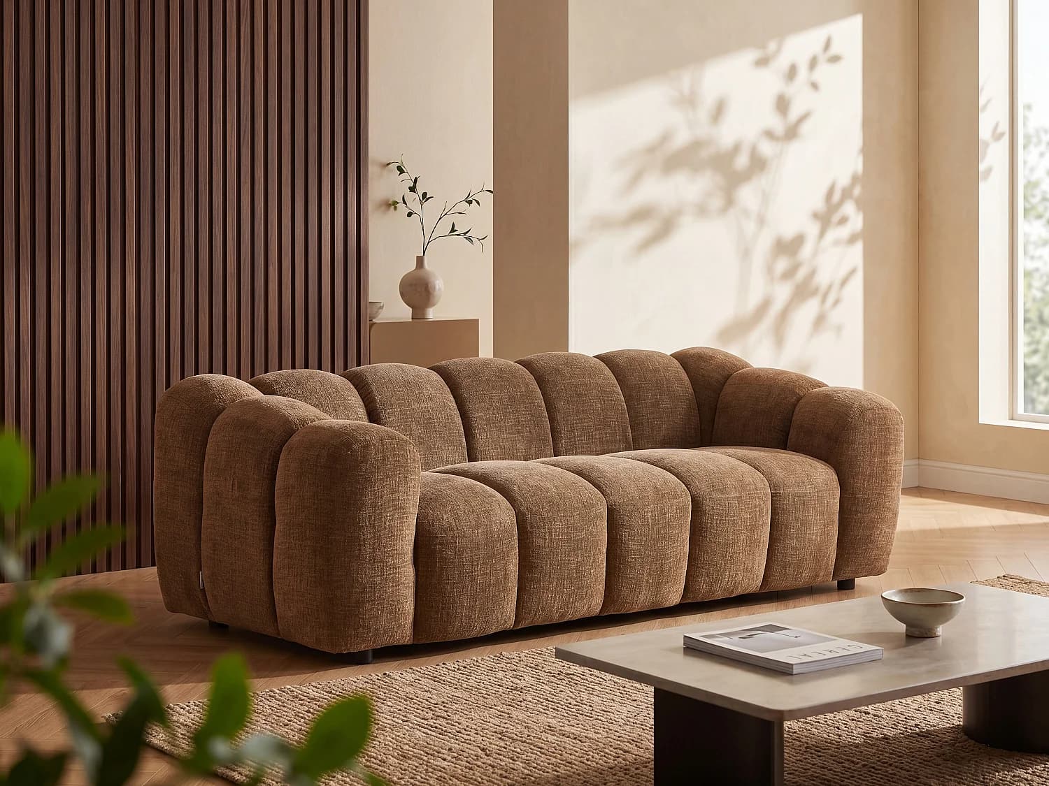 Canapé 3 places en tissu chenille marron NELIMAR