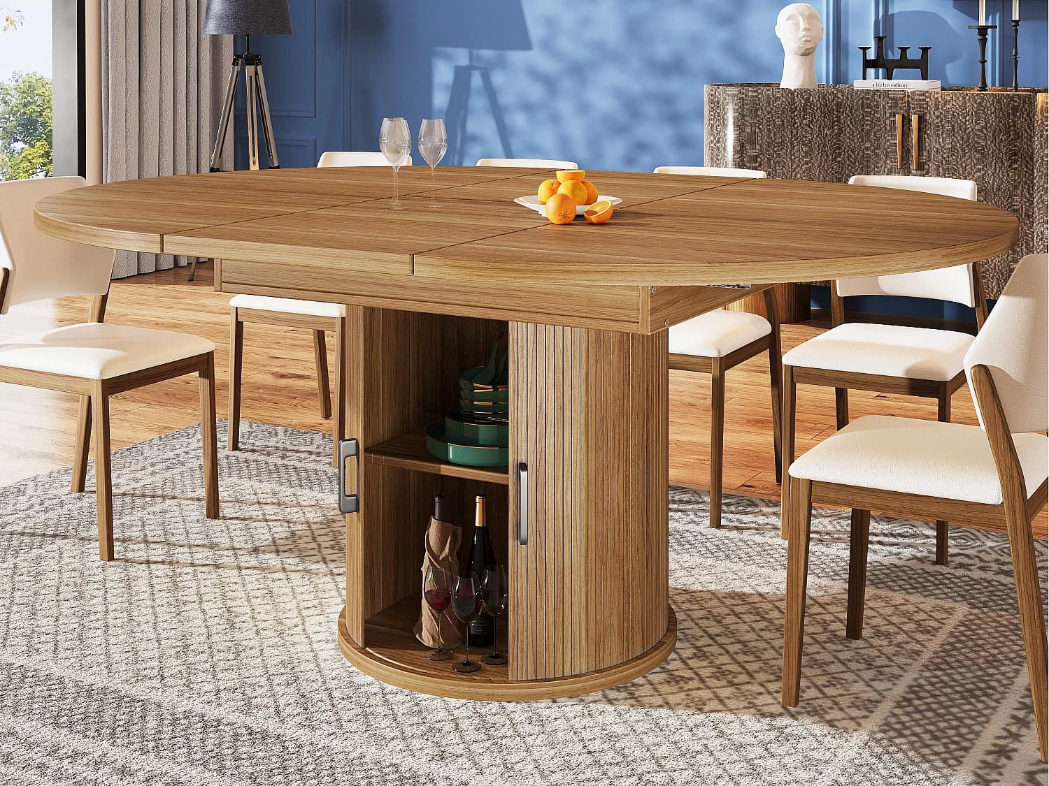 Table à manger extensible - MDF - Table ronde - 118-158 cm - 6 personnes - 1 porte - 2 étagères - Naturel