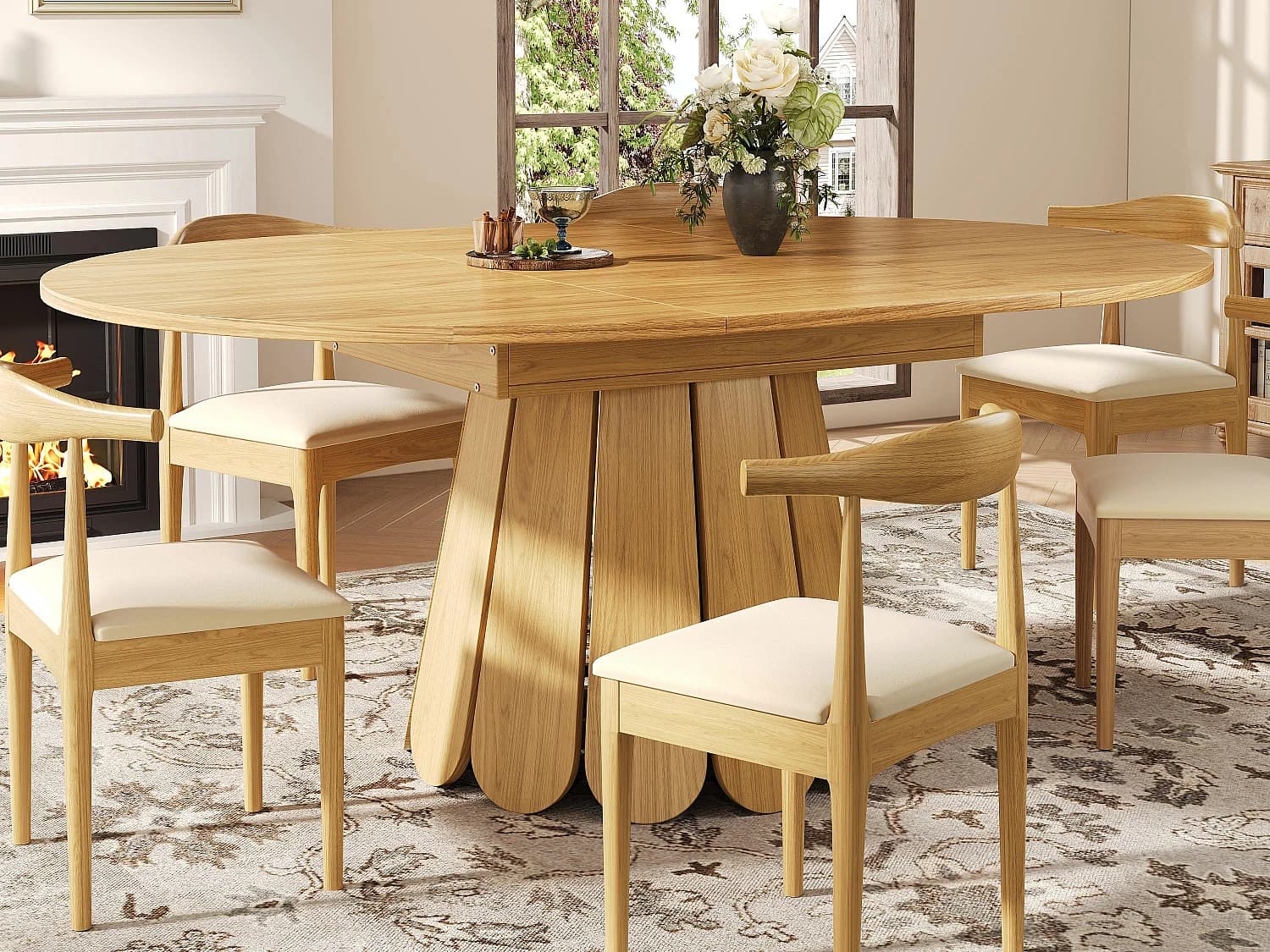 Table à manger extensible - texture du bois - table ronde - 118-158 cm - 6 personnes - Naturel