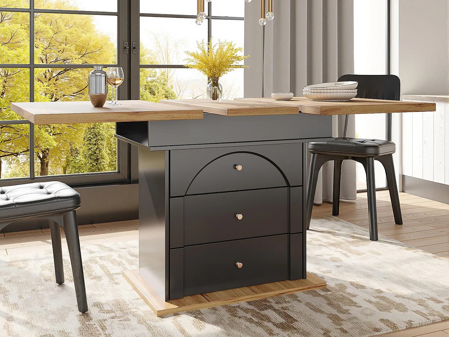 Table à manger extensible 110-140×80cm - 4-6 personne - 1 porte et 2 tiroirs - Style moderne - Noir