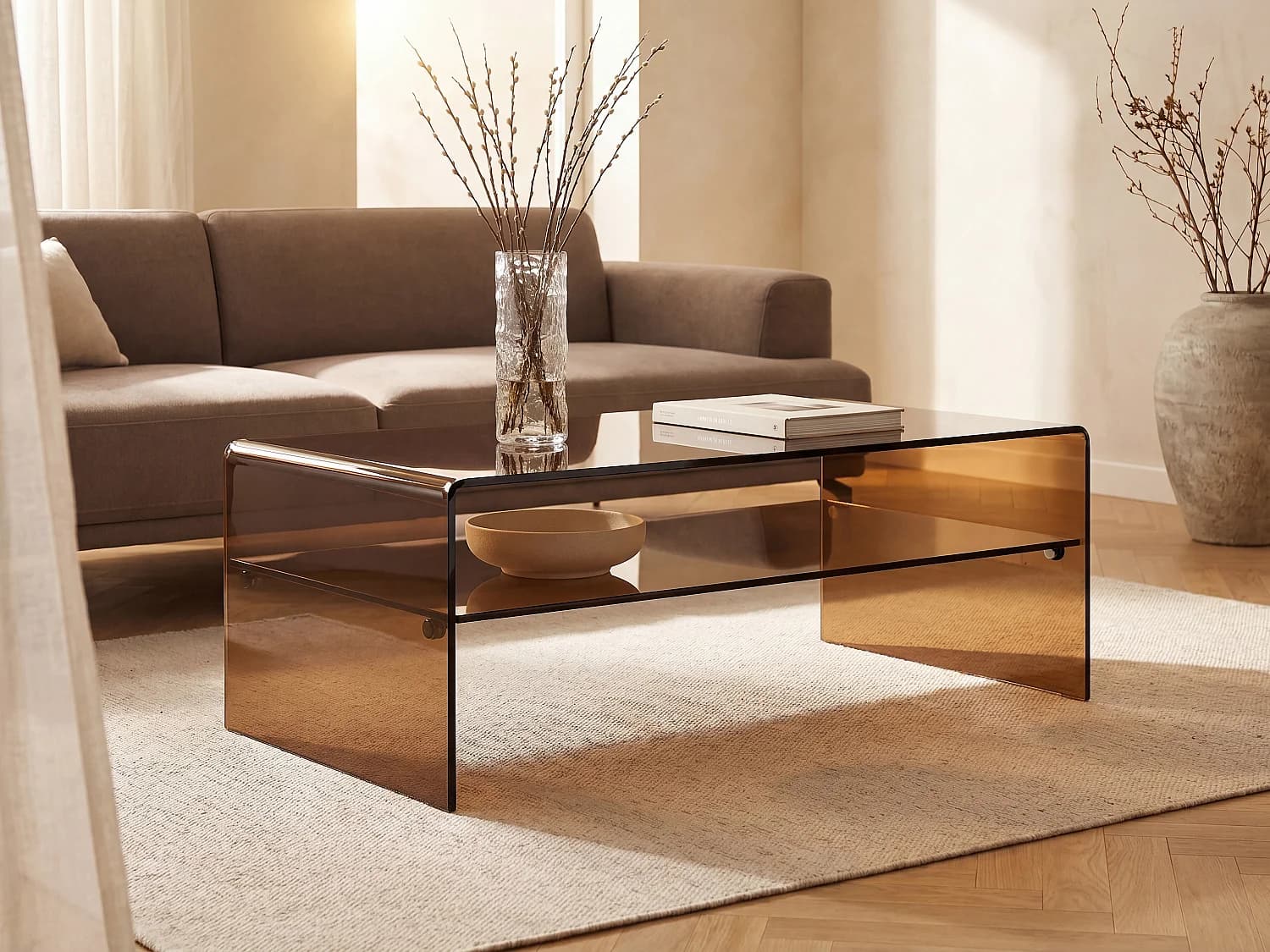 Table basse double plateau en verre trempé - Brun - STILEOS