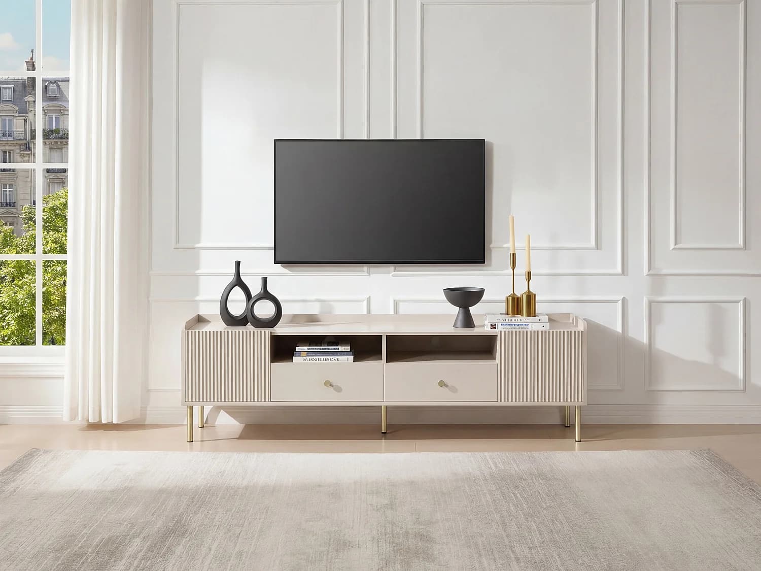 Meuble TV avec 2 portes, 2 tiroirs et 2 niches - Beige et doré - LUNAOR