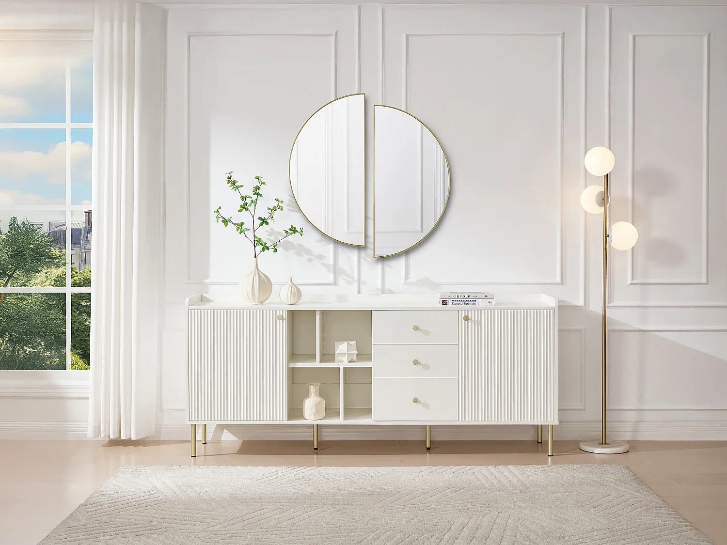 Buffet avec 2 portes, 3 tiroirs et 4 niches - Blanc et doré - LUNAOR