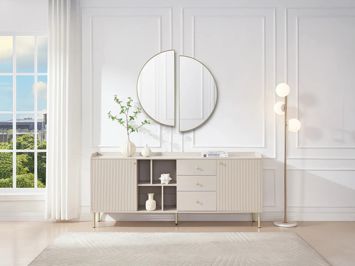 Buffet avec 2 portes, 3 tiroirs et 4 niches - Beige et doré - LUNAOR