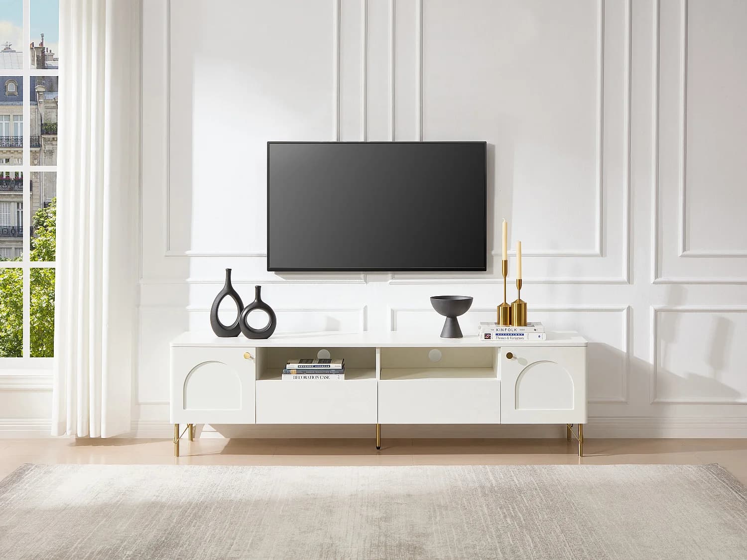 Meuble TV avec 2 portes, 2 tiroirs et 2 niches - Blanc et doré - ALOBARA