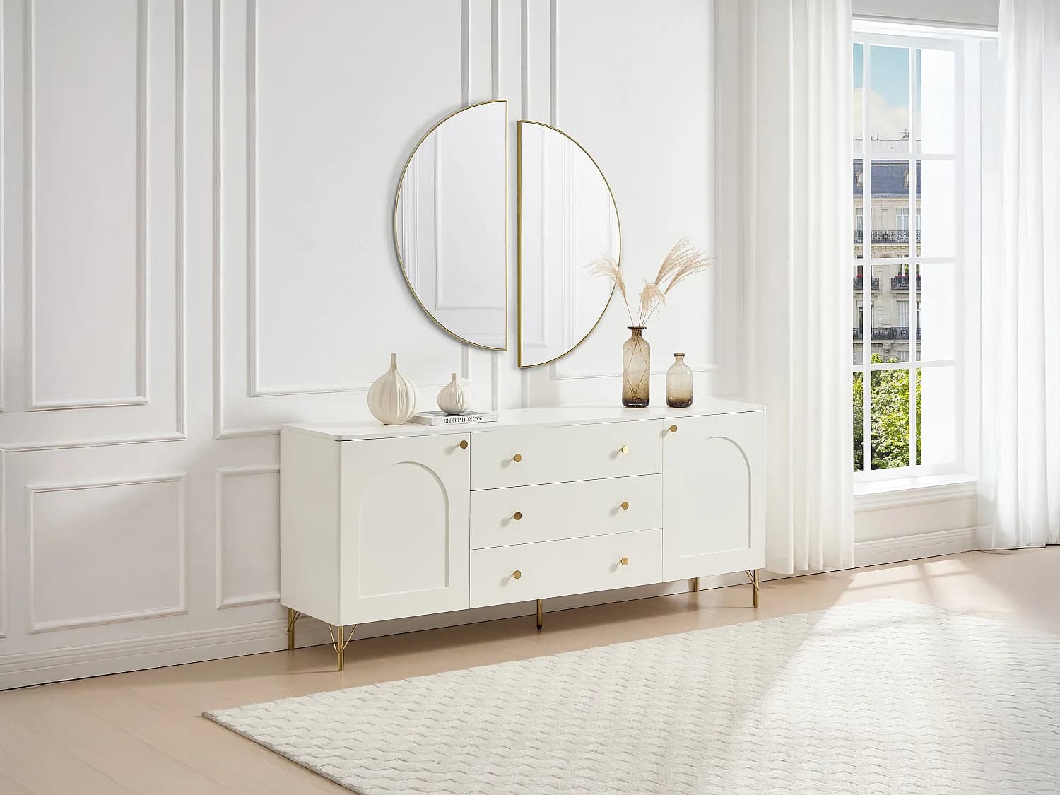 Buffet avec 2 portes et 3 tiroirs - Blanc et doré - ALOBARA