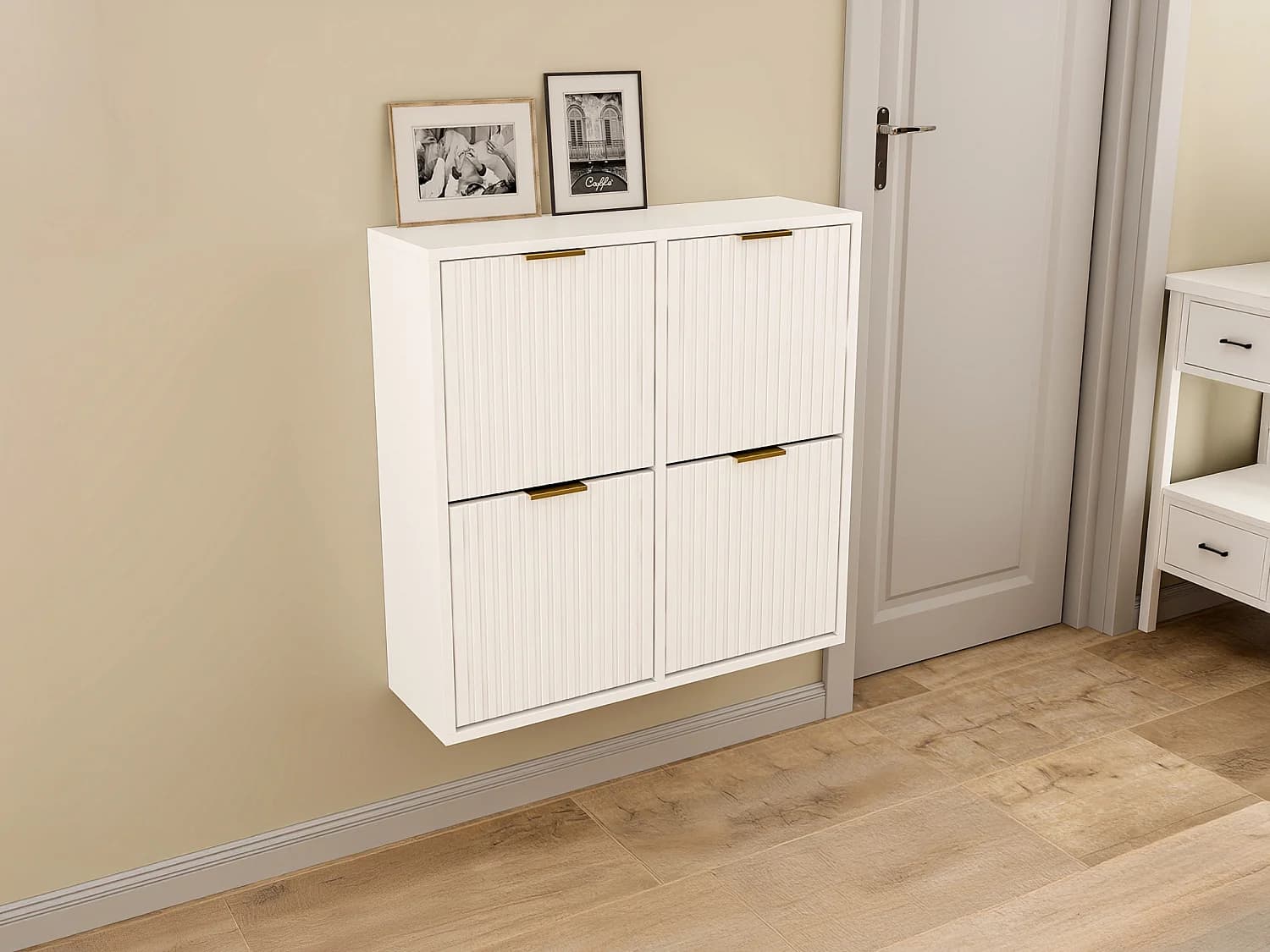 Meuble à chaussures avec 4 compartiments abattants - Blanc et doré - FRALYN