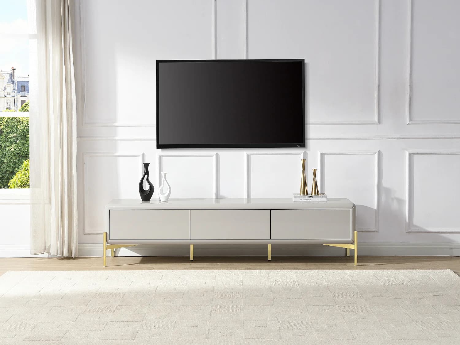 Meuble TV avec 3 tiroirs en MDF - Beige et doré - LYBAKA