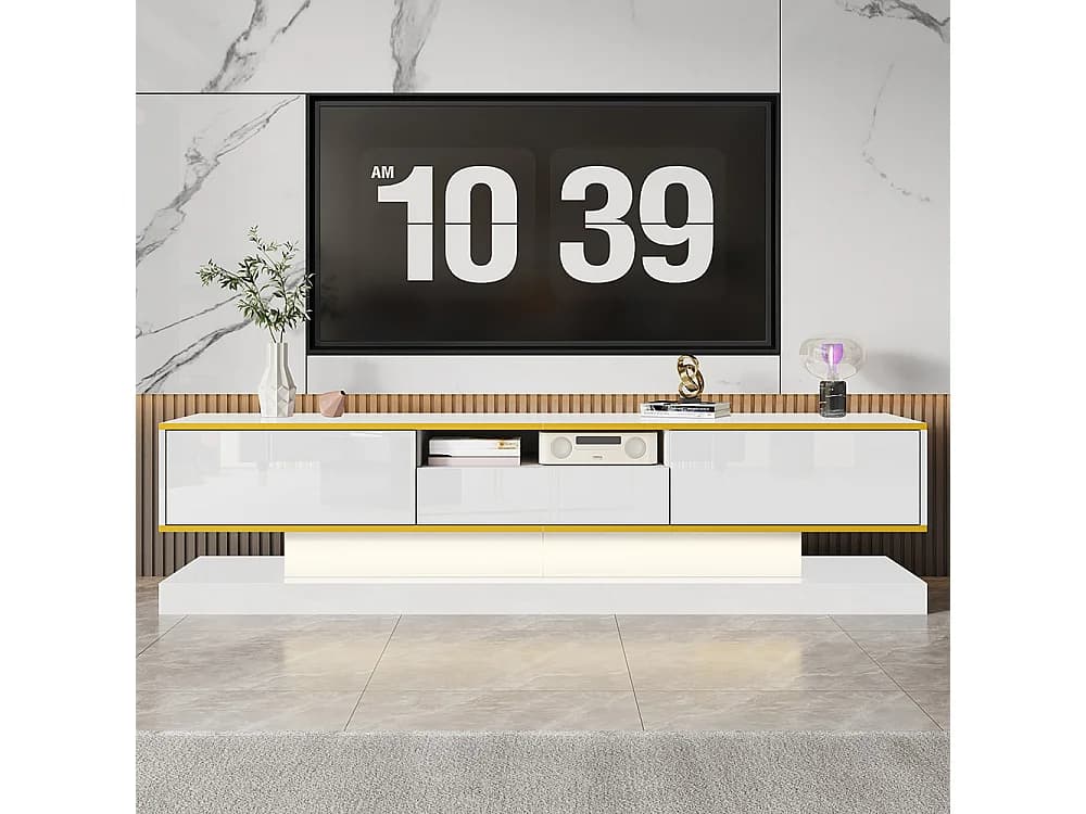 Meuble TV moderne LED avec 3 tiroirs et un compartiment ouvert brillant blanc+or