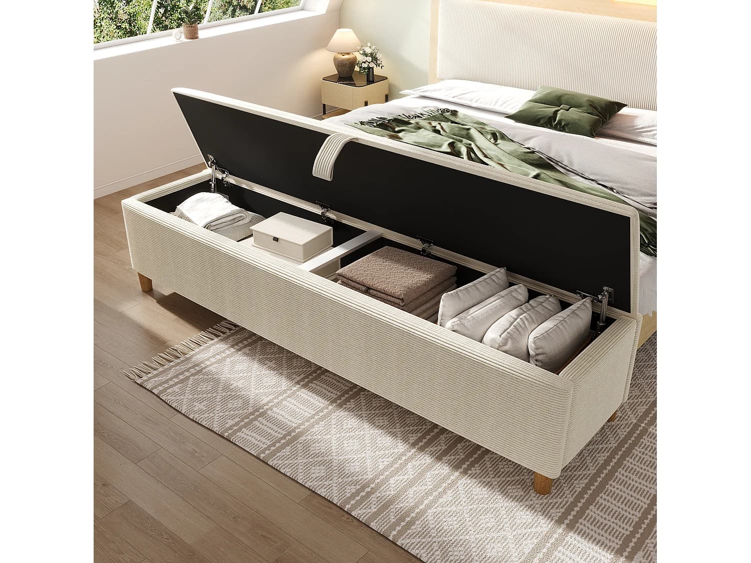 Banc de lit avec rangement hydraulique, design élégant, velours côtelé et bois, beige (175x38x46 cm)