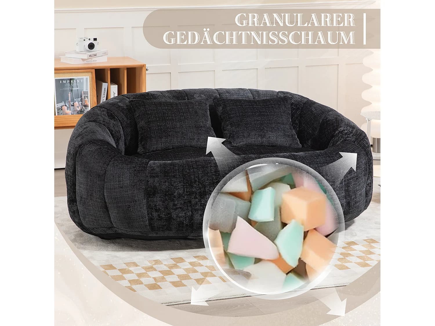Canapé sac de billes confortable, design ergonomique, chenille noir, avec dossier haut (150x95x63cm)