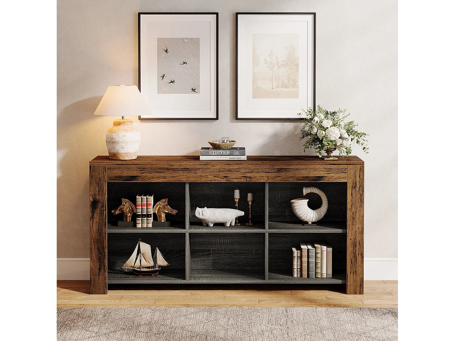 Table console de 160 cm de long, table d'entrée en bois rustique avec 6 cubes de rangement