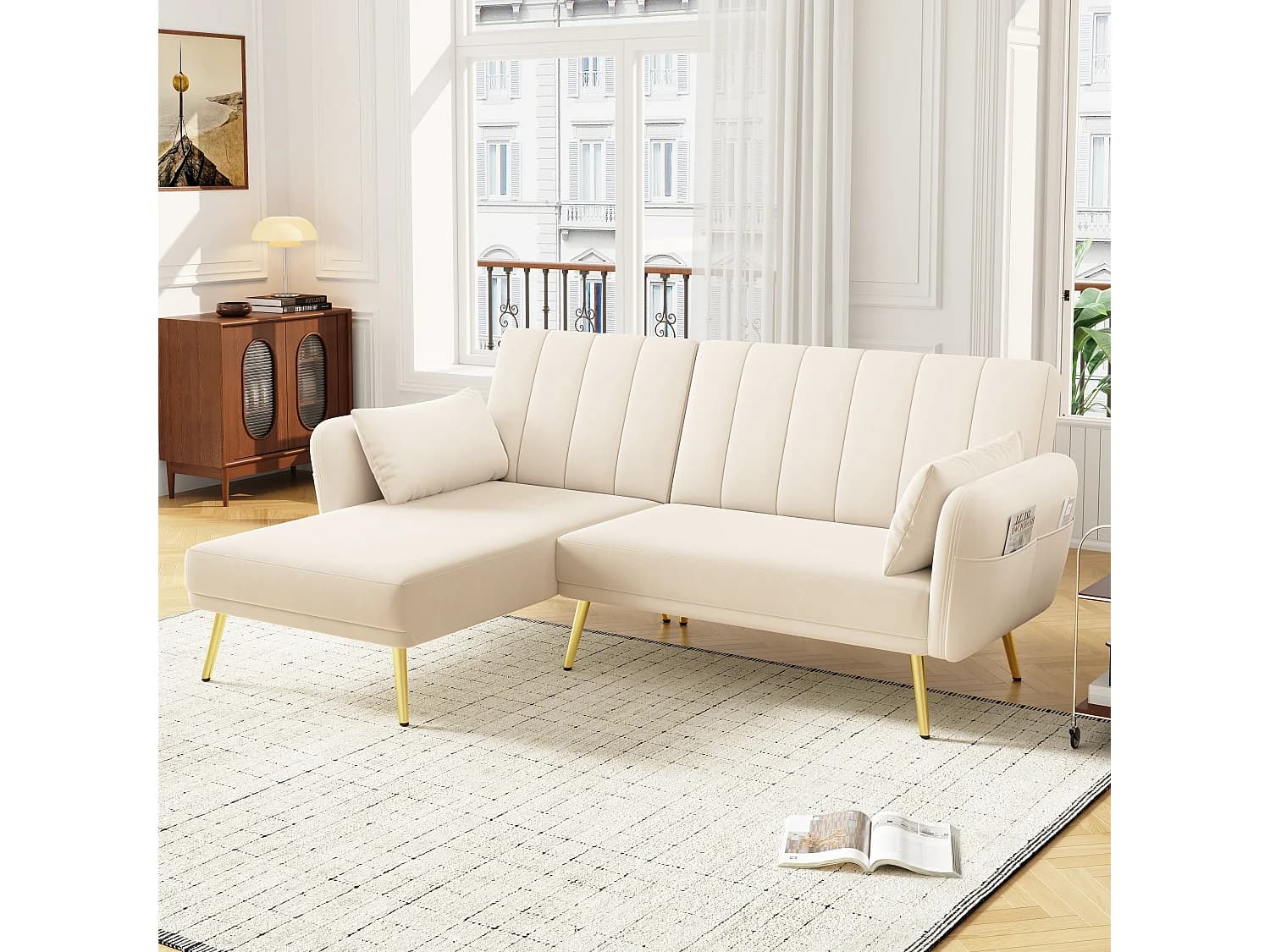 Canapé 3 places pliant - 191.5 x 130 x 80 cm - canapé d'angle avec fonction couchage - velours - beige