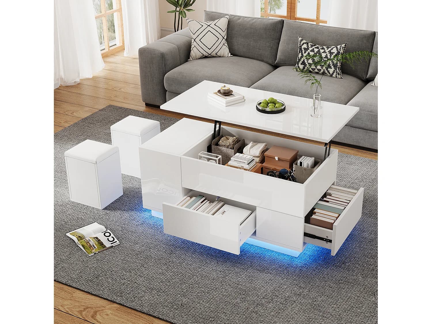 Table basse relevable 4 en 1 - 100 x 50 x 45 cm - avec Leds + 2 tiroirs + 2 tabourets - aggloméré - blanc