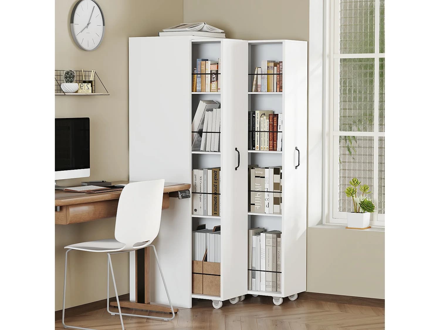 Bibliothèque extensible à roulettes - 51.5 x 41 x 158 cm - interchangeable gauche et droite - MDF - blanc