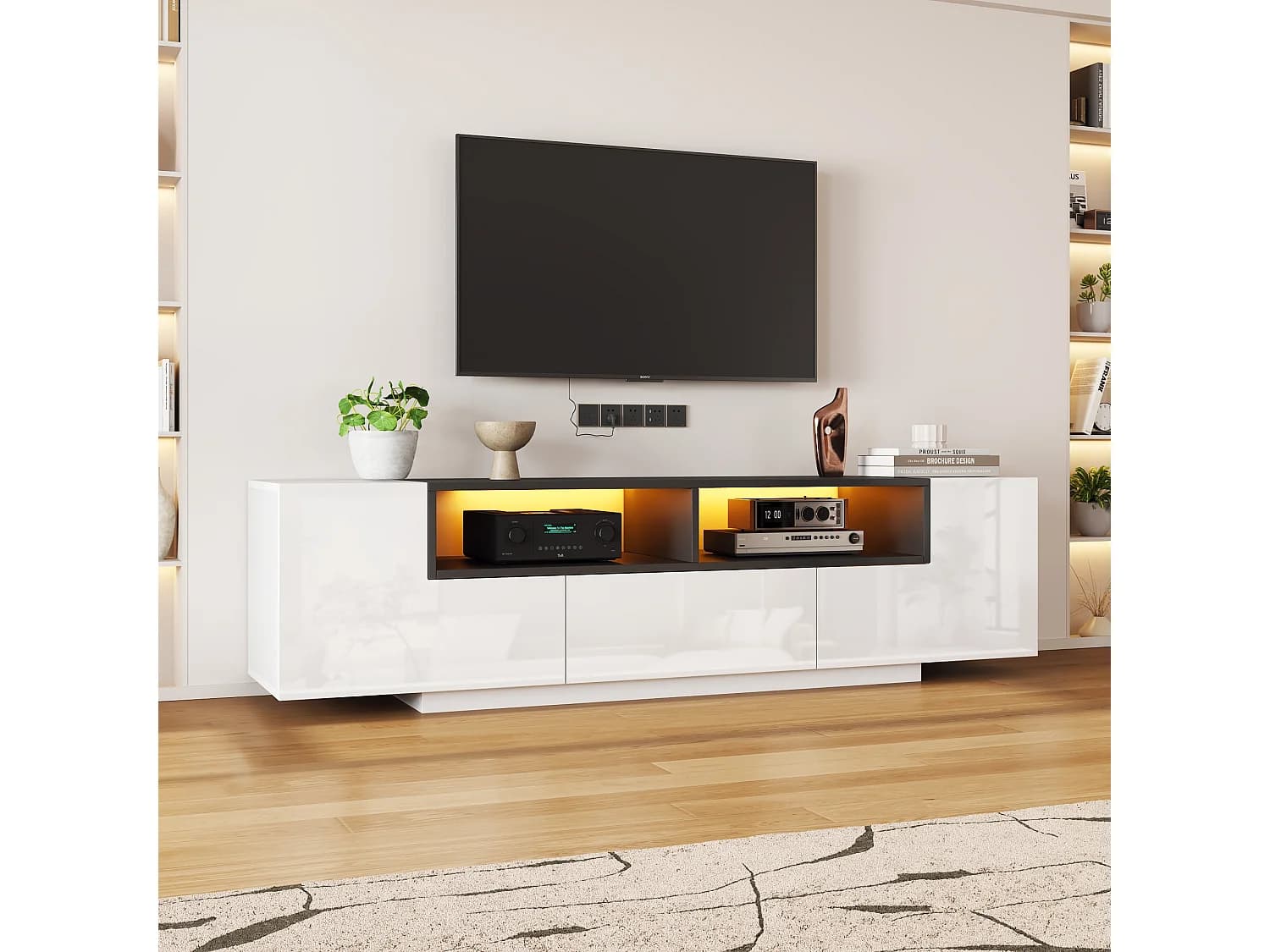 Meuble TV brillant - 180 x 40 x 48 cm - avec Leds + 1 tiroir + 2 portes - aggloméré - blanc