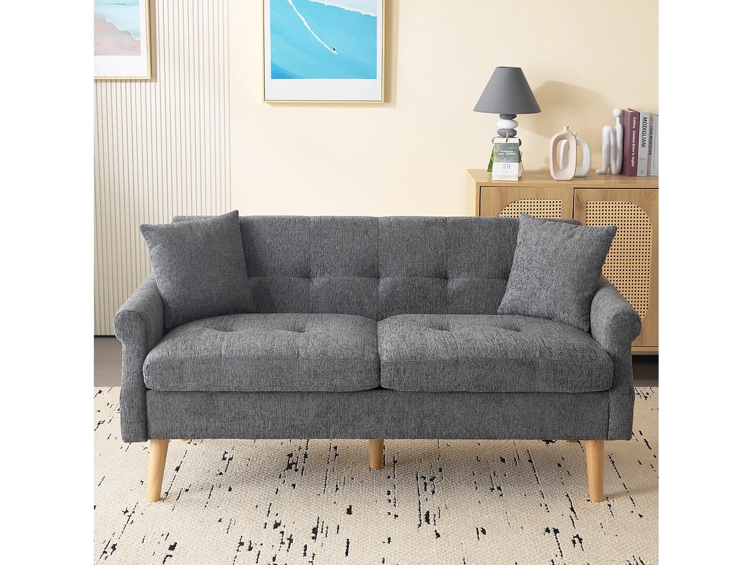 Canapé 2 places gris, tissu chenille, pieds en bois , 162x74x77cm