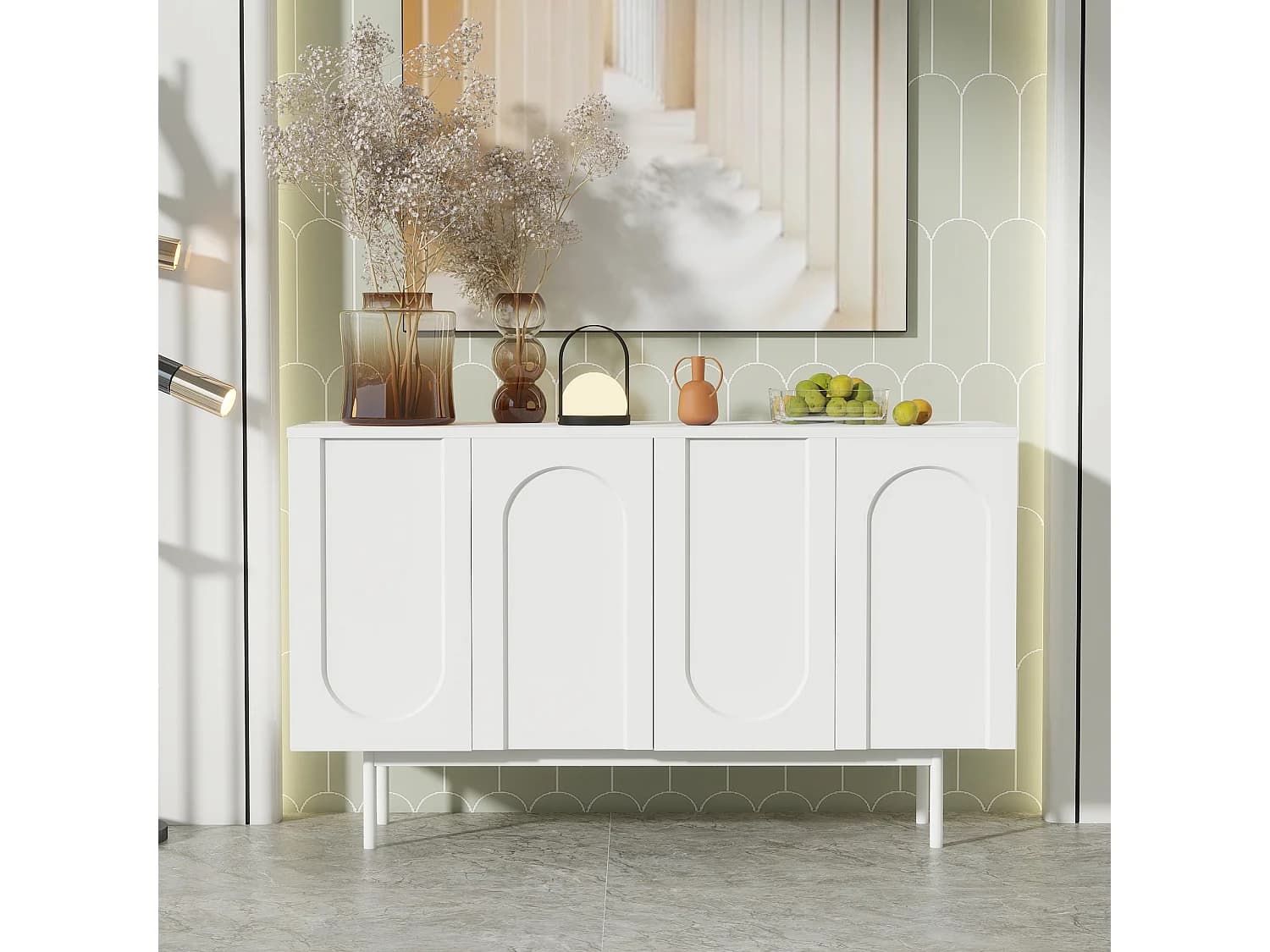 Buffet blanc avec 4 porte cintrée, style simple, peut être placé dans le salon, la salle à manger, le couloir