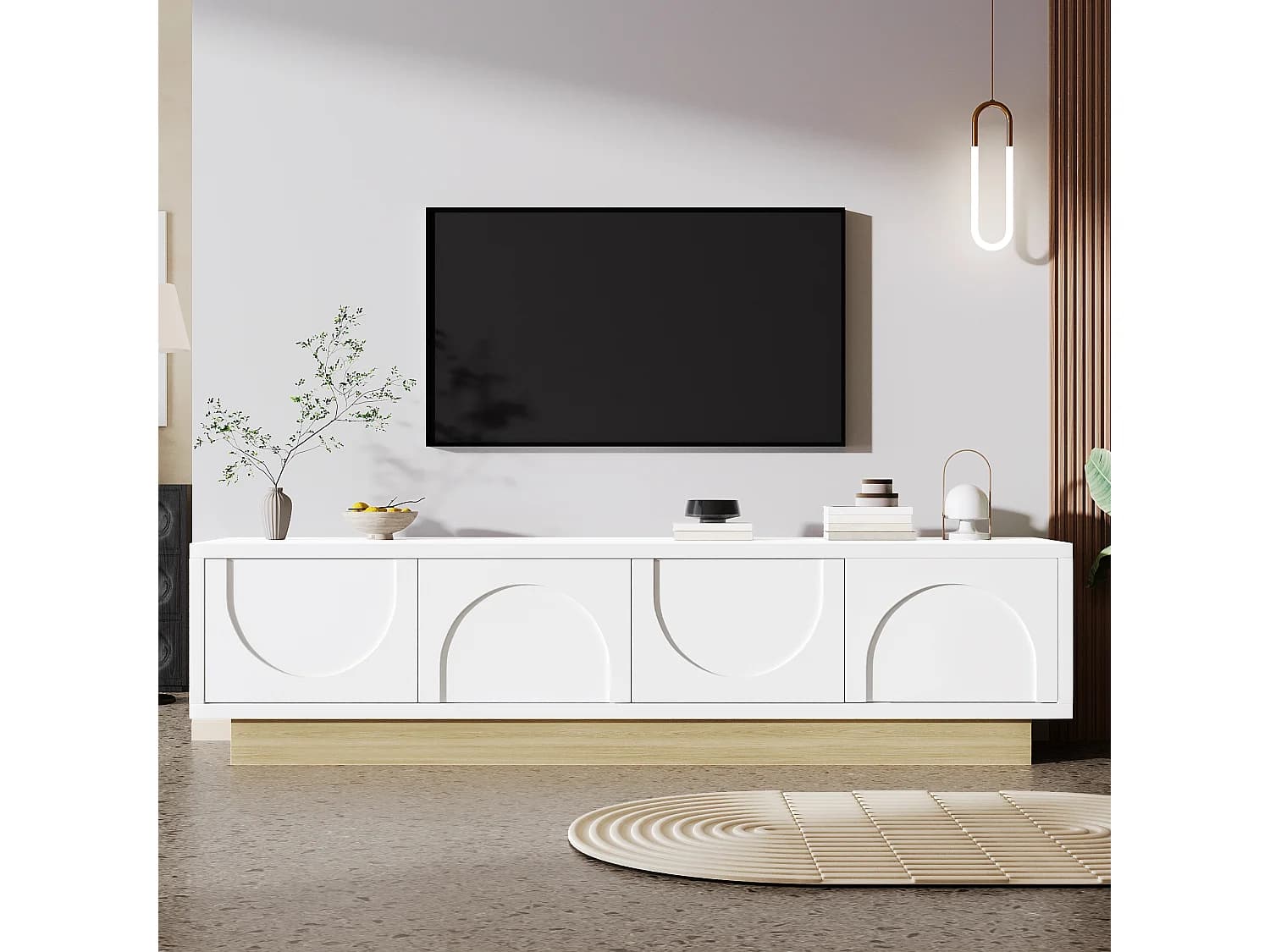 Meuble TV en bois blanc grainé avec 4 portes, design incurvé, 175x40x42cm