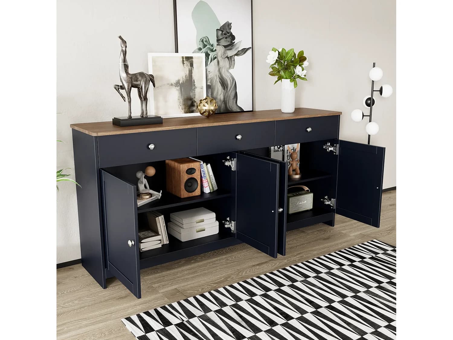 Buffet 160x37x75 cm avec 3 tiroirs meuble de rangement 4 portes en noir et gris