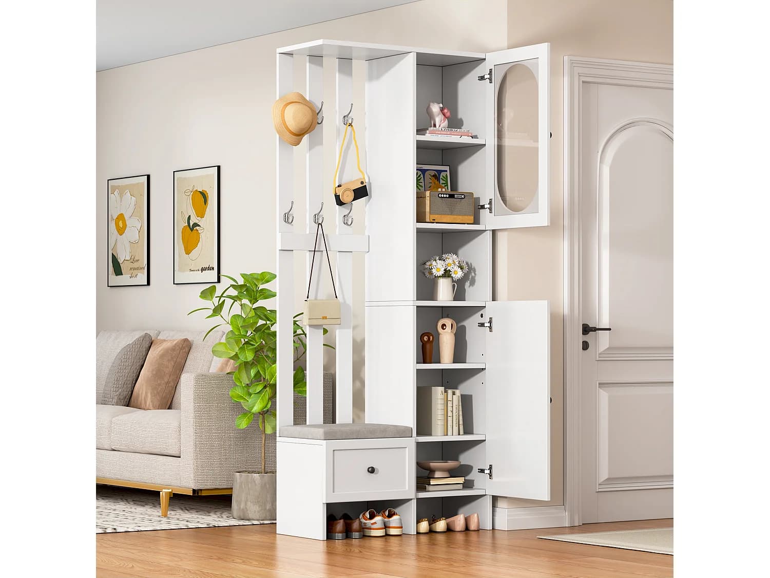 Armoire d'entrée compacte avec 2 portes, verre trempé et banc, panneaux de particules, blanc (85x33.5x200cm)