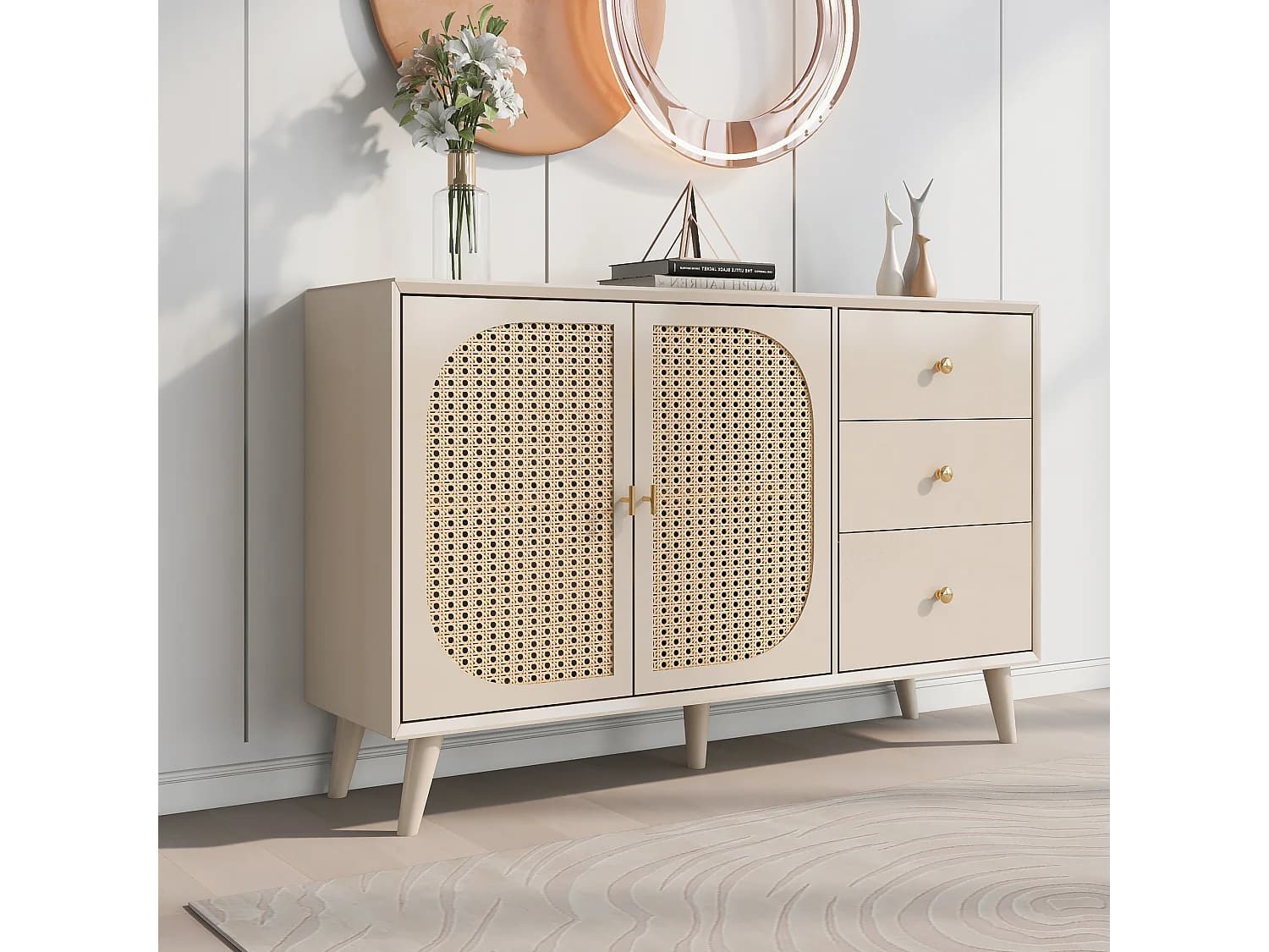 Buffet 2 portes et 2 tiroirs - Buffet avec portes en résine tressée - bois - pour salon et salle à manger