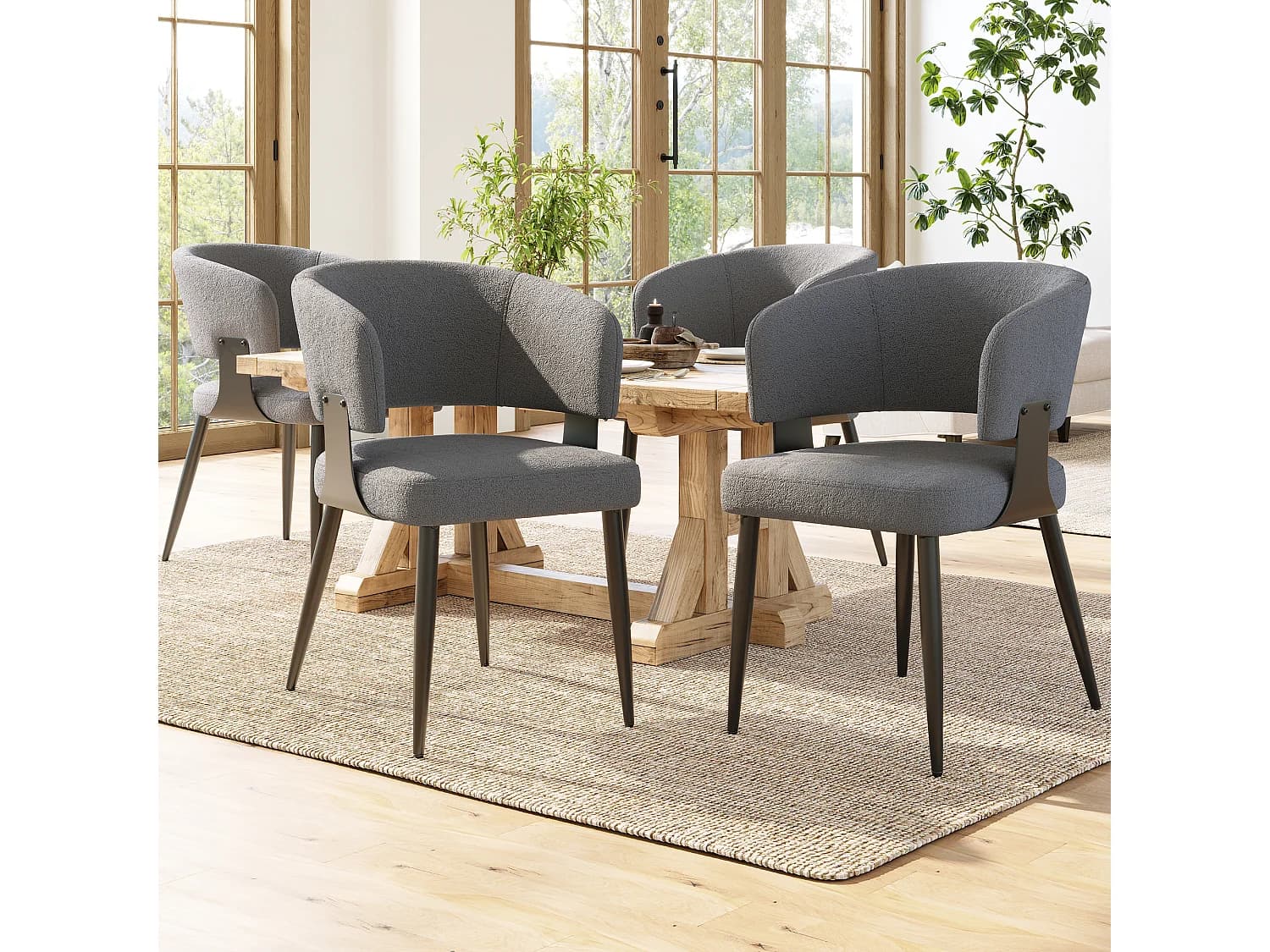 Lot de 2 chaises de salle à manger - Chaise avec dossier incurvé et accoudoirs - cuir d'agneau - gris