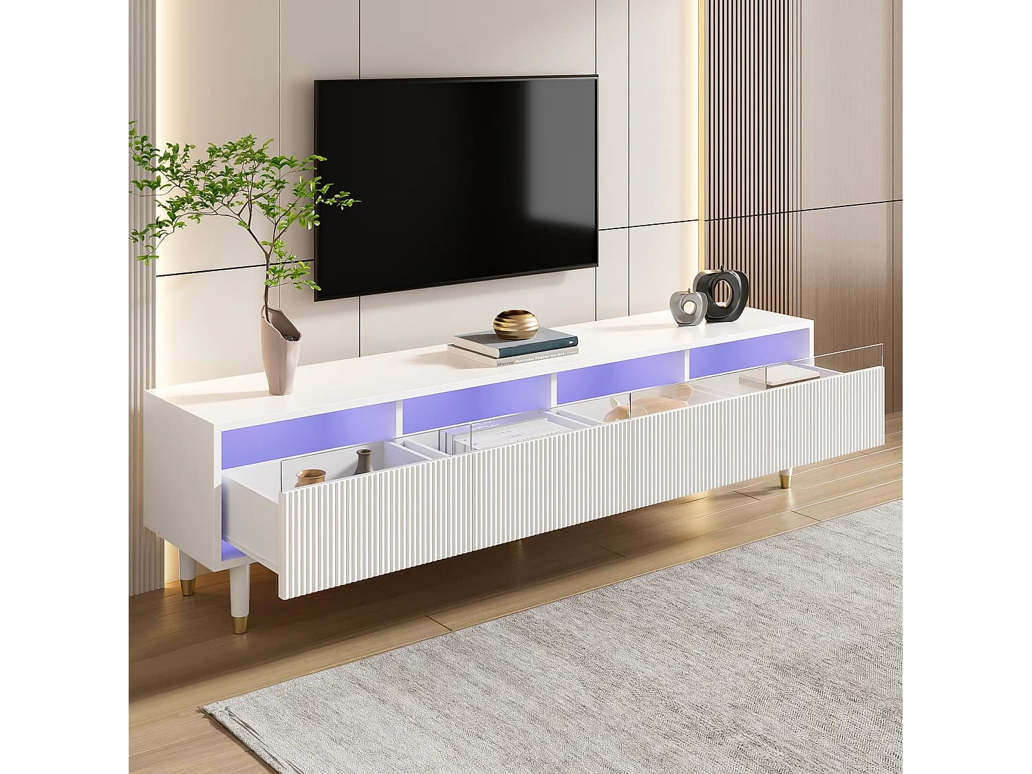 Meuble TV avec 4 tiroirs - Meuble TV avec éclairage LED et 5 pieds en bois - blanc - pour le salon