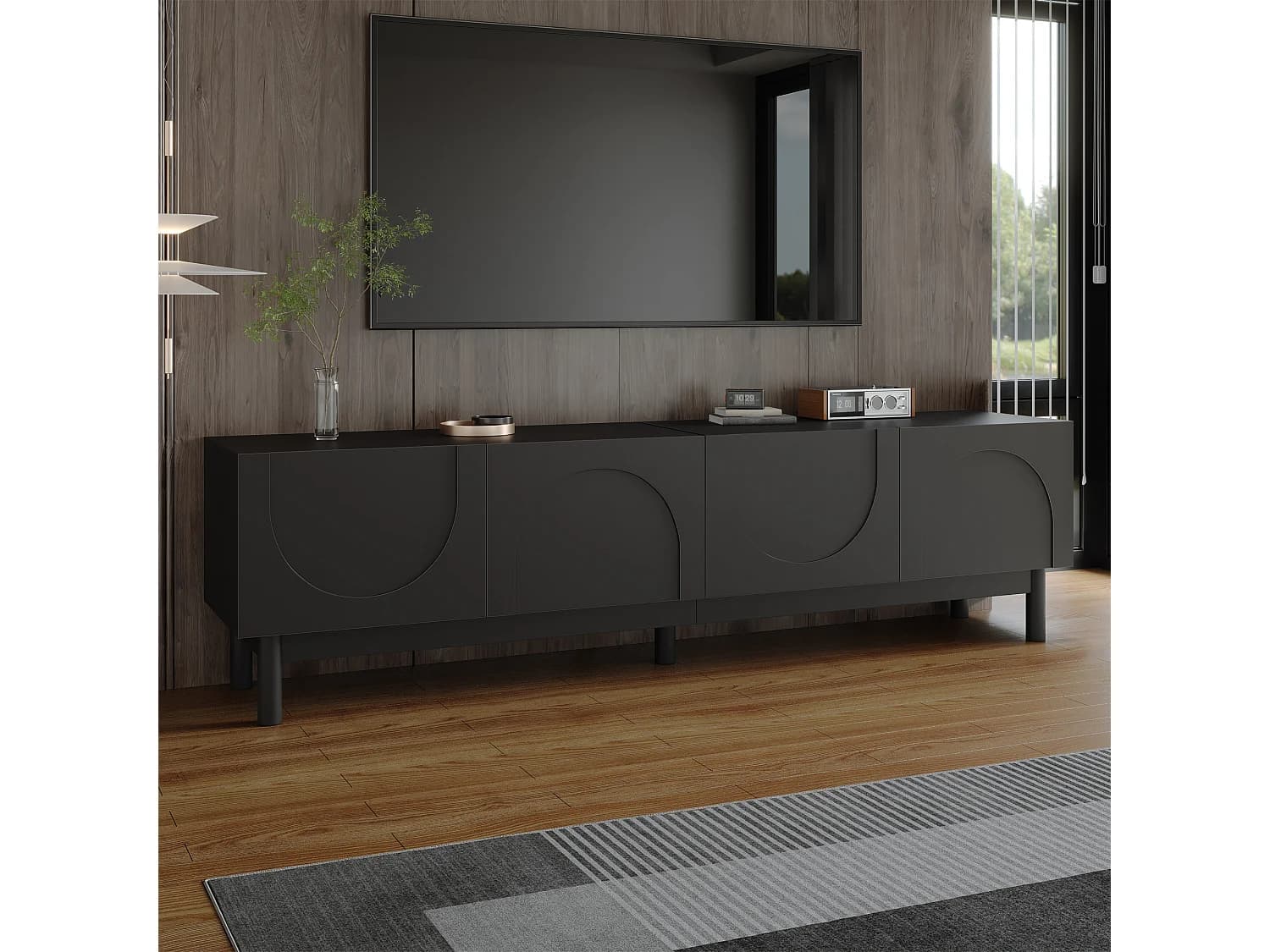 Meuble TV noir - Meuble TV 4 portes à motif ondulé incurvé - pour salon