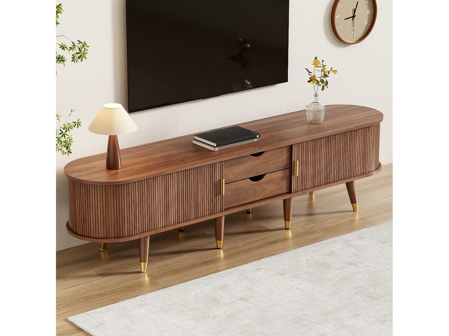Meuble TV bois - Meuble TV 4 portes au motif ondulé incurvé - pour salon