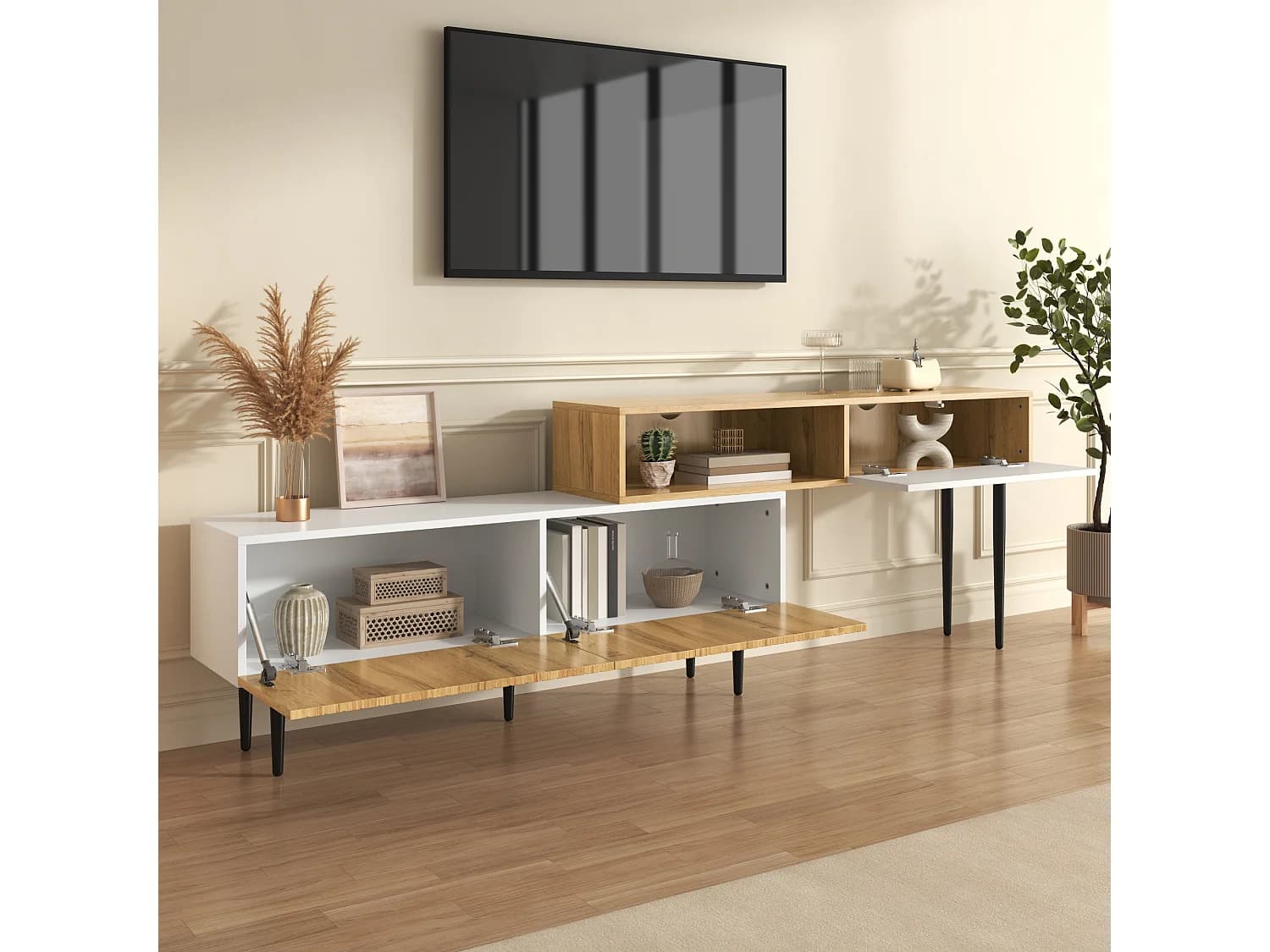 Meuble TV en bois et blanc - Meuble TV avec 2 portes abattantes et pieds en métal - rangement ouvert