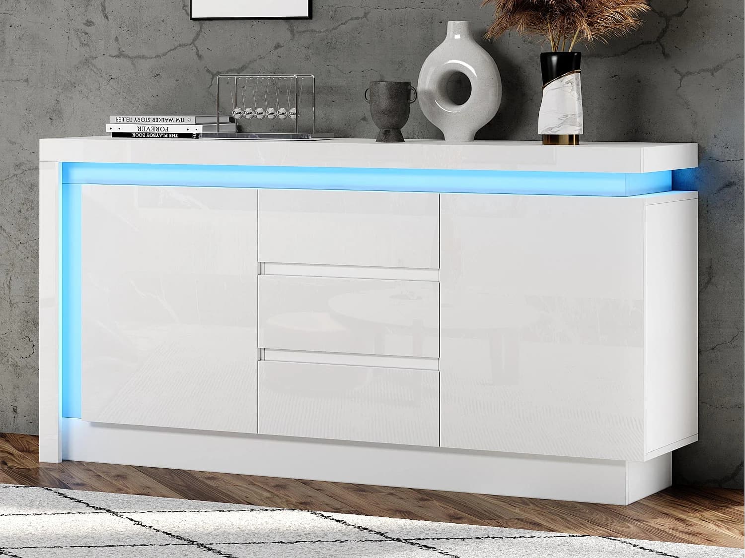 Buffet brillant 140x35x72 cm - 2 portes et 3 tiroirs - avec éclairage LED - avec étagères réglables - blanc