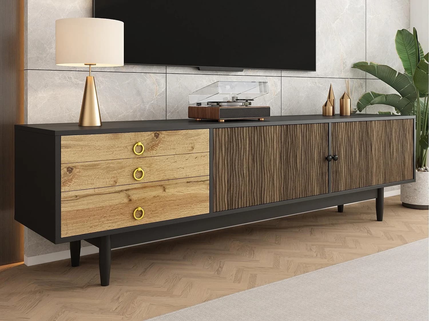 Meuble TV 180x38x50 cm - 2 portes et 3 tiroirs - MDF + panneaux de particules - Noir + Naturel