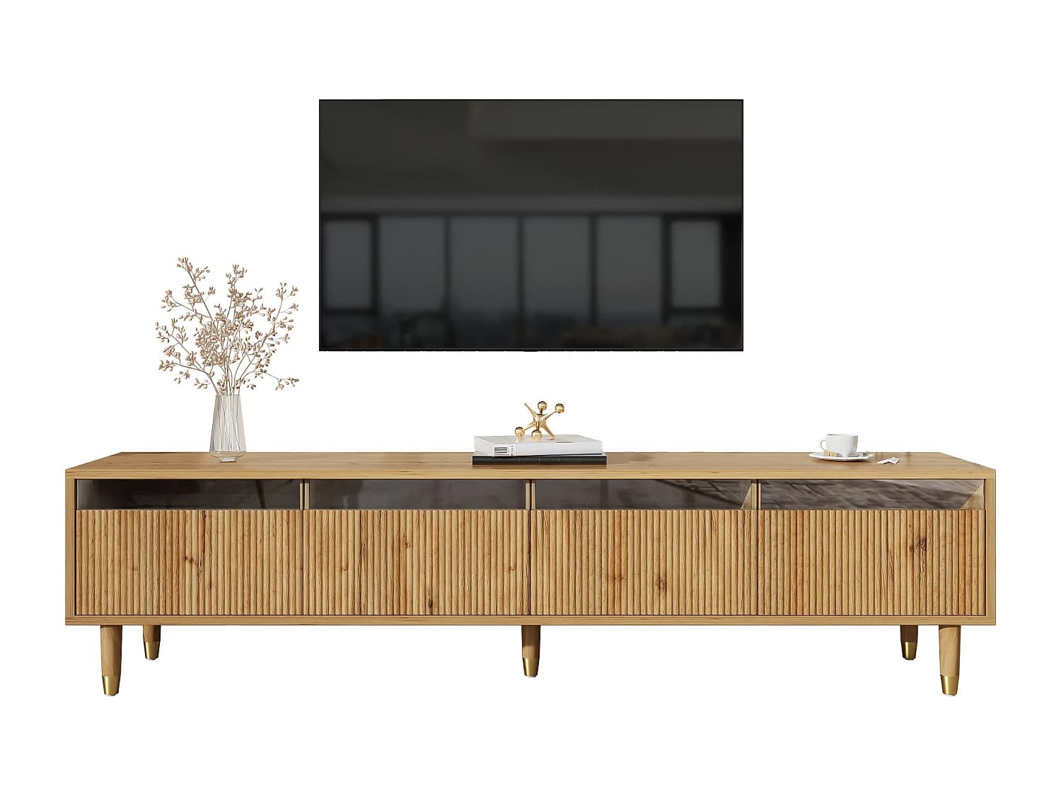 Meuble TV Moderne Aspect Bois 178 cm – Design Minimaliste, Grand Rangement, 4 tiroirs, Bois