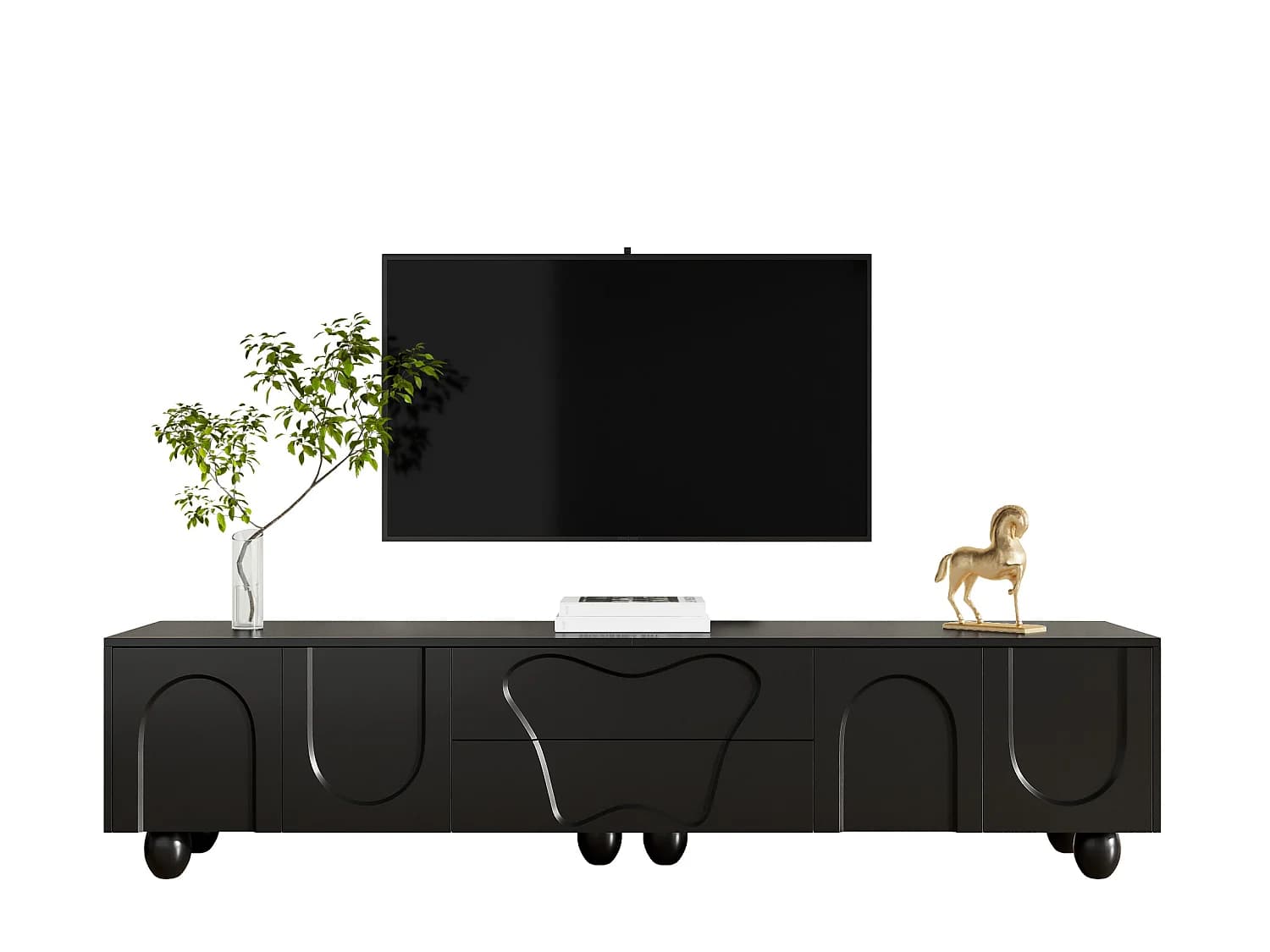Meuble TV avec pieds en bois - 180 x 40 x 42 cm - avec 2 tiroirs + 4 portes - aggloméré - noir