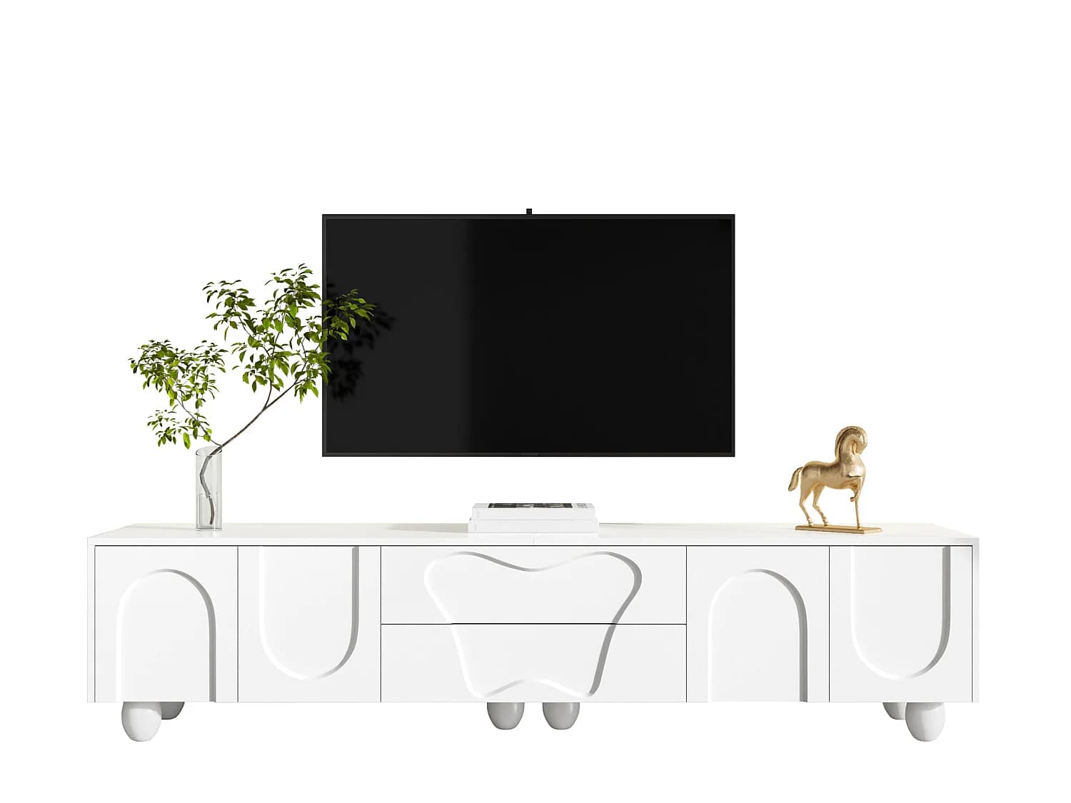 Meuble TV avec pieds en bois - 180 x 40 x 42 cm - avec 2 tiroirs + 4 portes - aggloméré - blanc