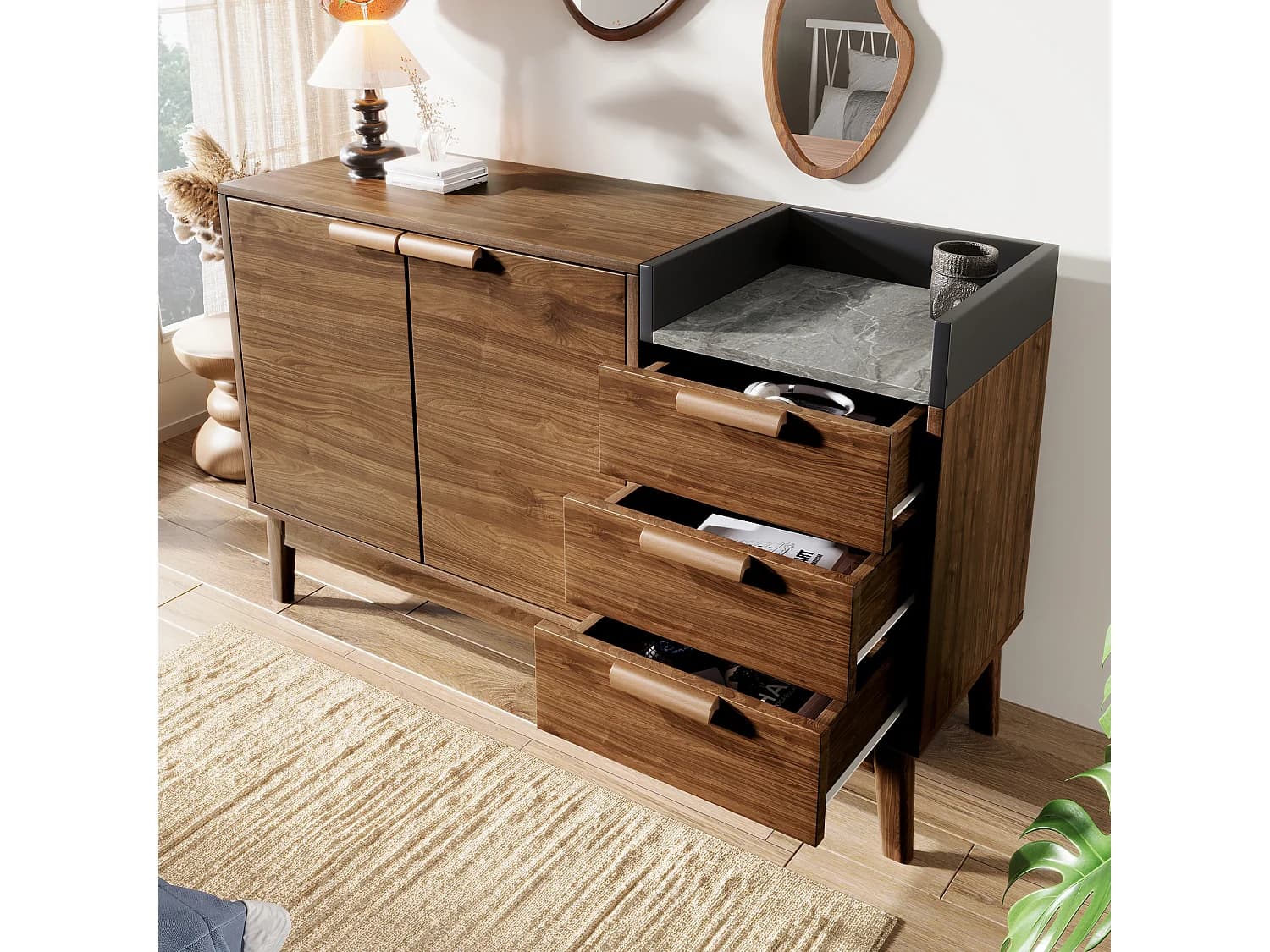 Buffet décor chêne - 120 x 40 x 77 cm - avec 3 tiroirs + 2 portes - bois + métal - naturel