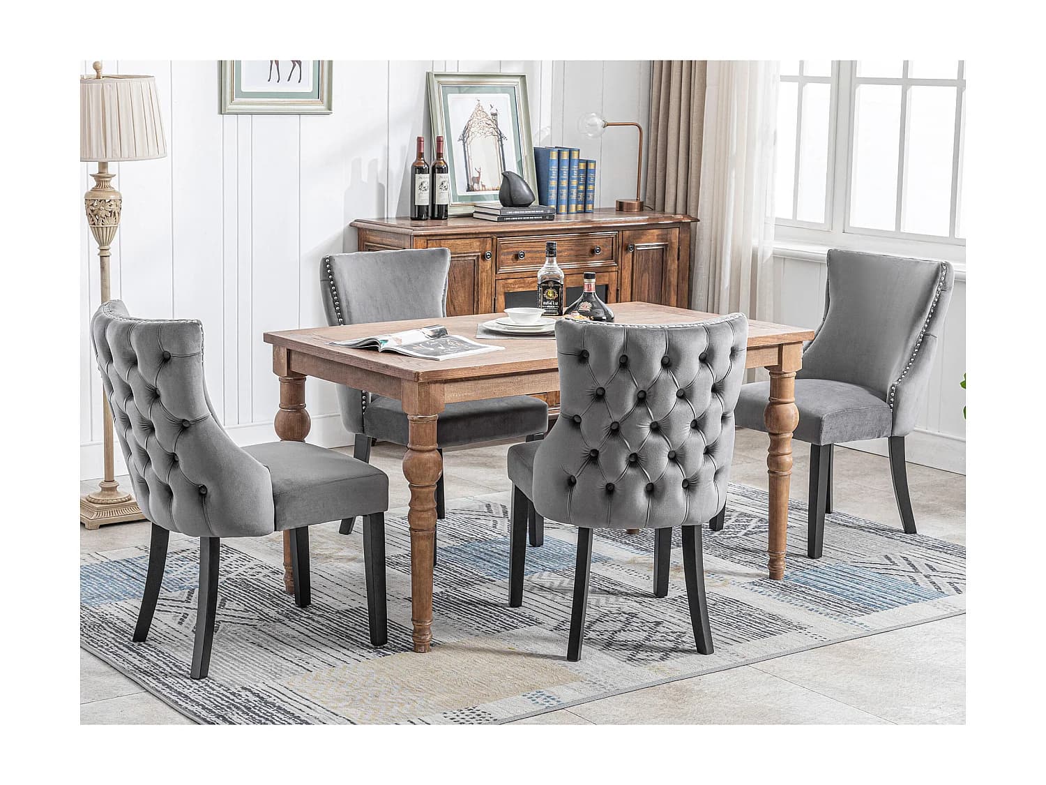 Lot de 4 chaises en velours gris avec pieds en bois gris, boutons décoratifs et rivets argentés