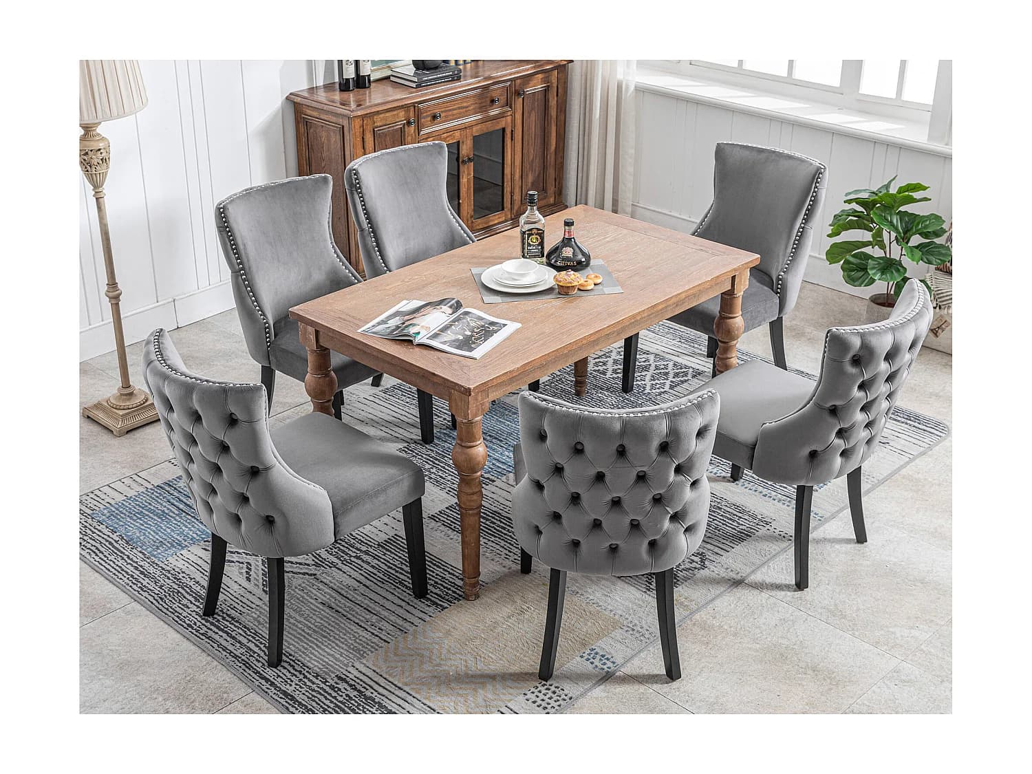 Lot de 6 chaises en velours gris avec pieds en bois gris, boutons décoratifs et rivets argentés
