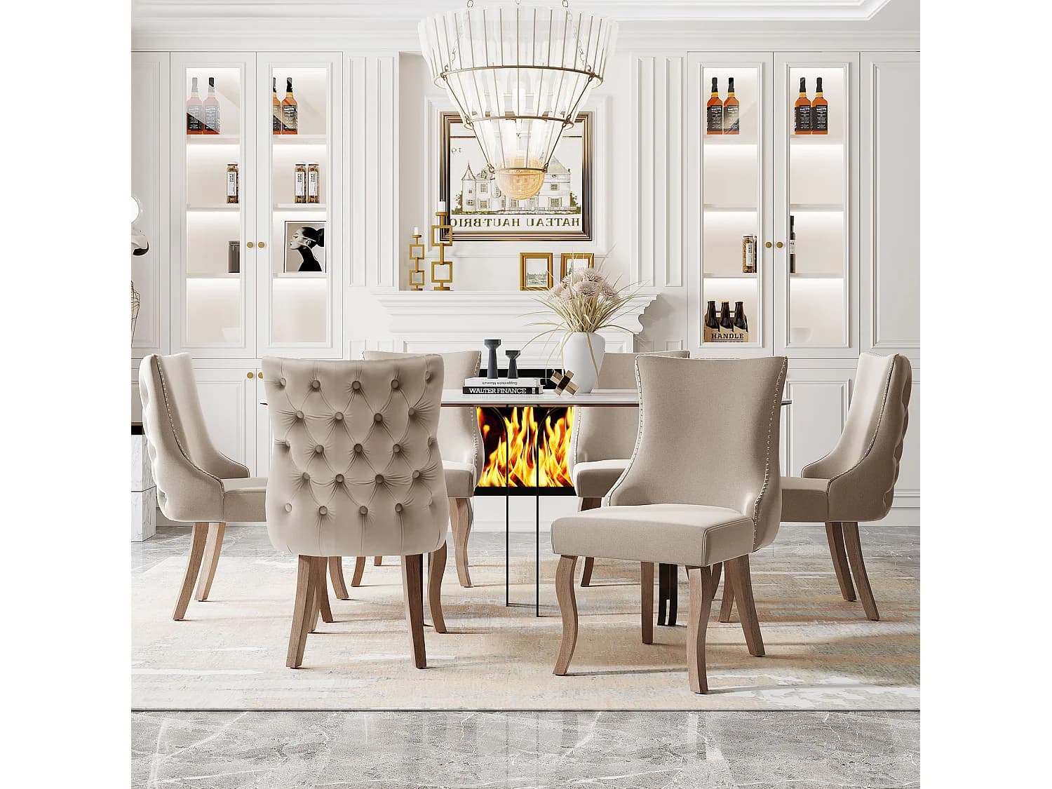 Lot de 6 chaises en velours beige avec pieds en bois marron courbés, bouton décoratifs et rivets argentés