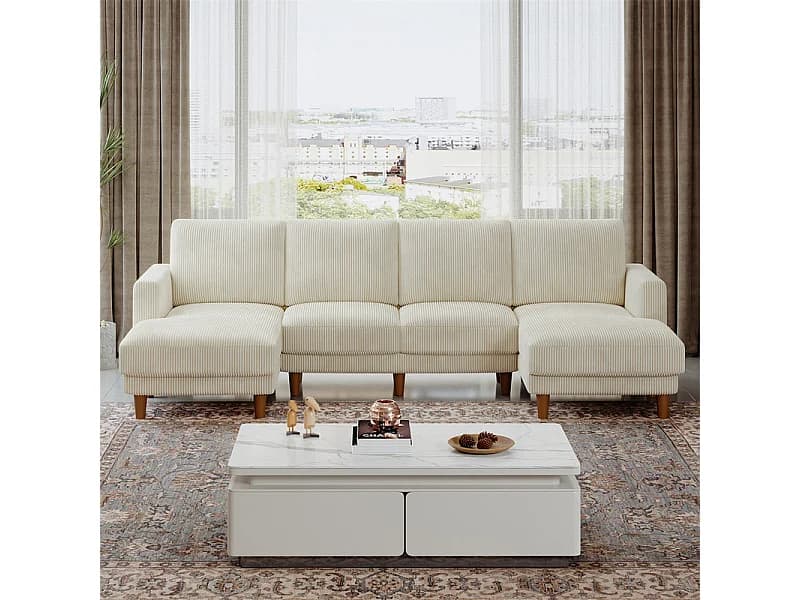 Grand canapé d'angle panoramique - 4 places - méridienne 109cm - en velours côtelé - 269x140x86 - Beige