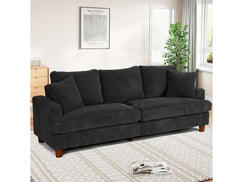 Canapé 3 Places en Velours Côtelé, avec 2 Oreiller, sièges extra profonds de 53cm, 220x76x84cm, Noir