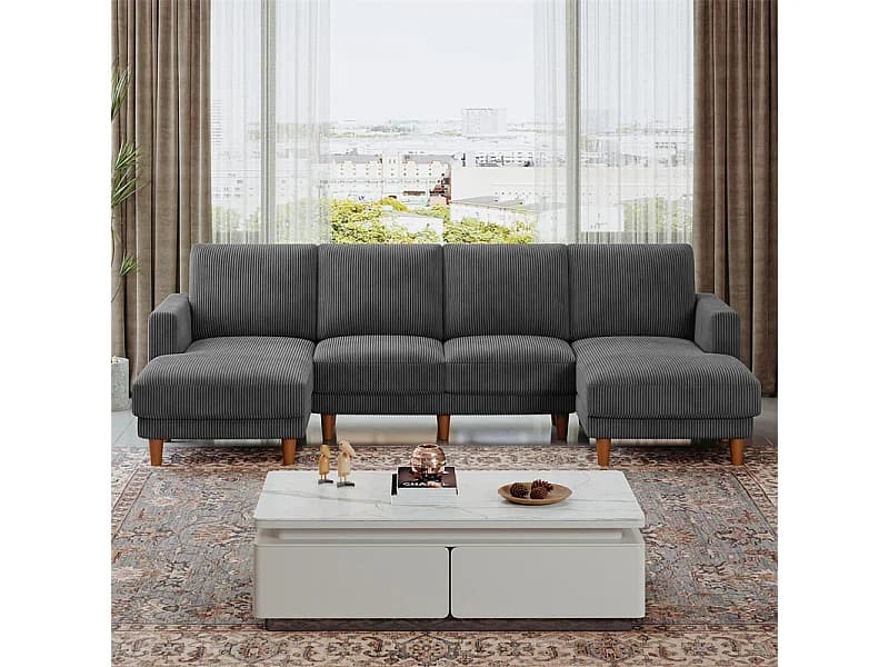 Grand canapé d'angle panoramique - 4 places - méridienne 109cm - en velours côtelé - 269x140x86 - Gris